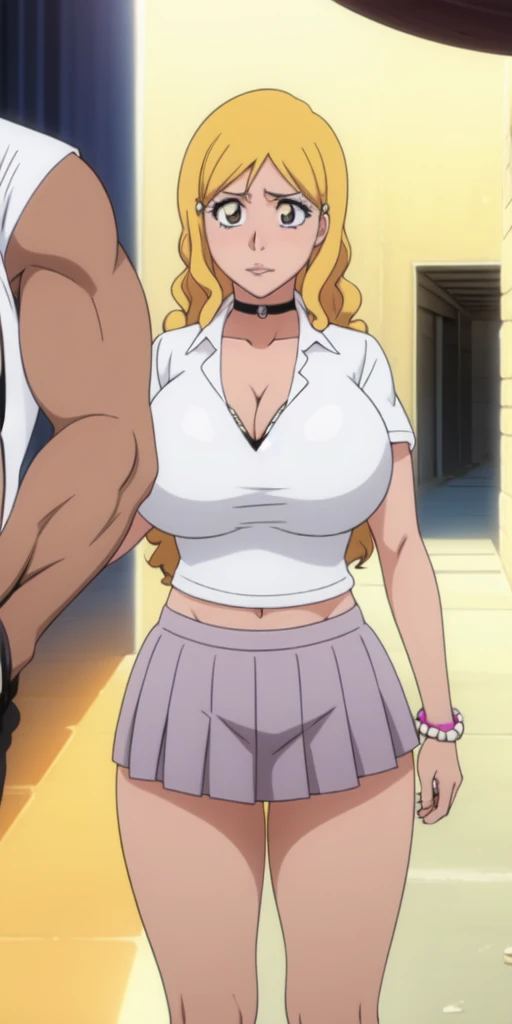 Orihime Inoue,Bleach artstyle,Big breast,Enchanted big breast,Thick lips,Circle piercing in lips,((((White shirt school uniform)))),Cleavage,(((short gray skirt)))Curvy figure,Plump,Hoopa bracelet,Long nail,Side burn visible,look at viewer,(((yellow blond color hair))),((head facing front)),High quality,Highres,Humongous big breast,visible ear,Big cleavage,light blush,Stud earring,A lot of piercing,((black Chocker)),Hyper Detail,((dark colored Skin)),((tanned Gyaru)),Crossing arm,Messy hair,Detailed lips,Colorless lips,puckered smile,unbuttoned collar shirt,mono color hair,((long wavy curly hair)),See throught leopard print bra,Half eyes open,Solo,1girl,light blush,Glossy lips,((Himecut bang hair)),flirty,Enchanted big breast,