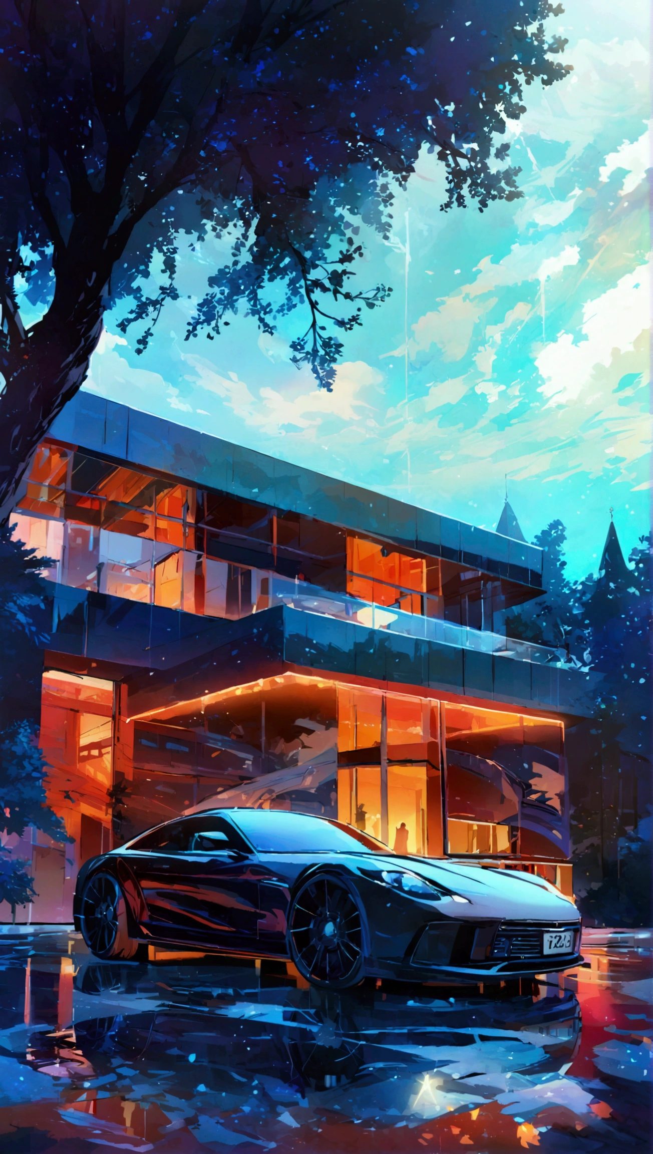 Detailed Anime illustration, dynamic view, godly composition, detailed modern luxury mansion with car scenery, detailed sky, sparkel, dark colour palette