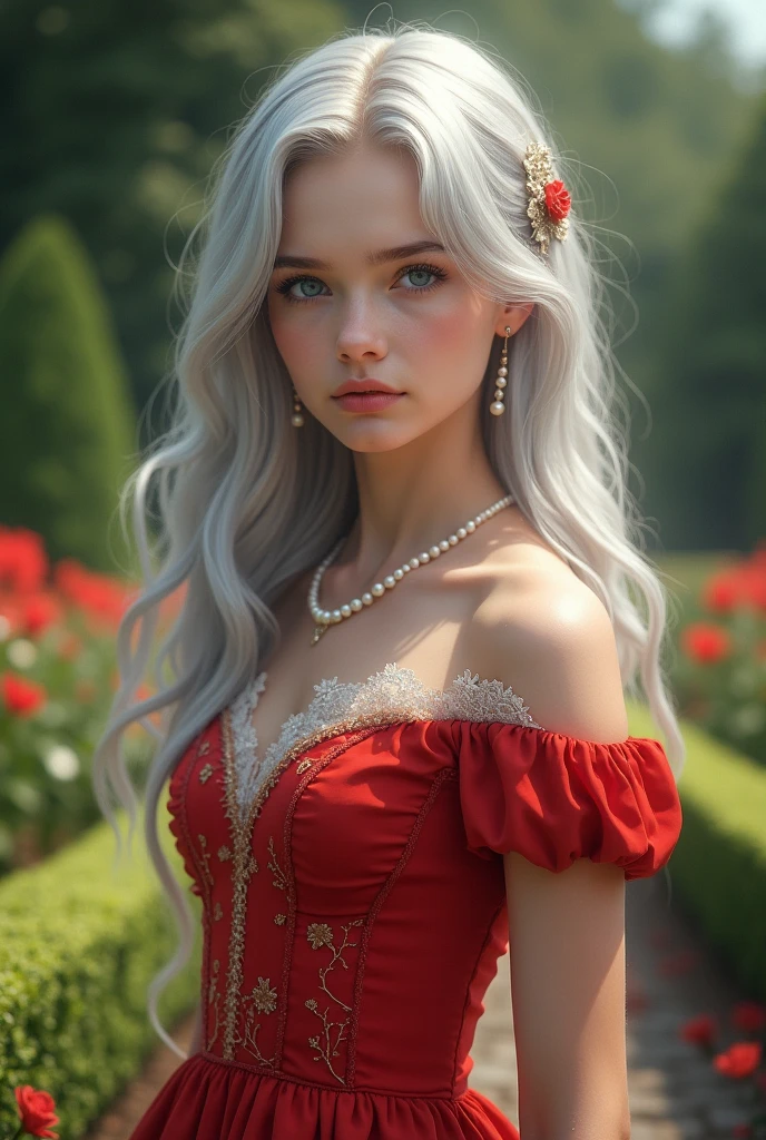 by Marat Safin, masterpiece, Portrait, european woman, silver hair, slightly smiling, red retro dress with flowers, big Breasts, on nature, flowers, dark vignetting, 4k, hiquality,