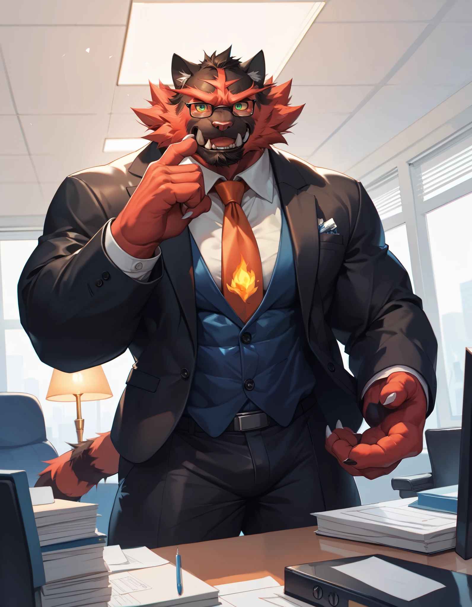 bara incineroar, fur, strong physique, perfect anatomy, masterpiece, black beard, big eyes, solo, great lighting, suits, office, glasses, 