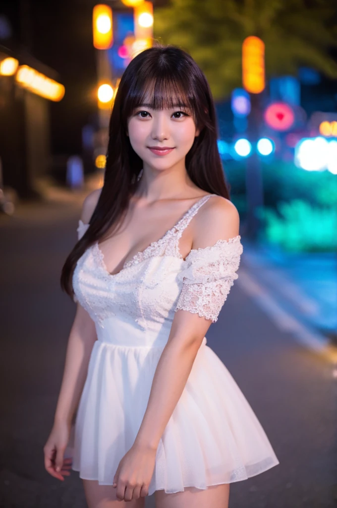 best quality, 8k, very delicate and beautiful, highly detailed face and skin texture, shiny skin, high resolution, sexy long hair japanese girl in sexy white dress walking on street at night with huge smile, under neon light, full body, sharp focus
