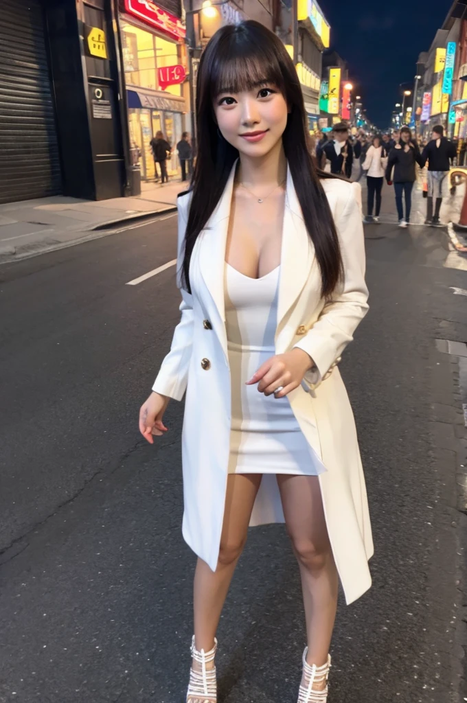 best quality, 8k, very delicate and beautiful, highly detailed face and skin texture, shiny skin, high resolution, sexy long hair japanese girl in sexy white dress walking on street at night with huge smile, under neon light, full body, sharp focus
