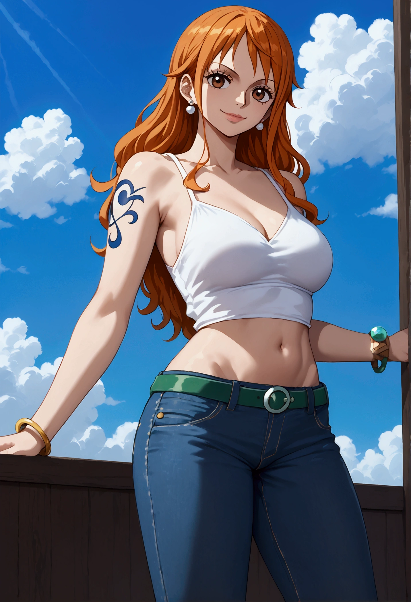 detailed background, masterpiece, best quality, 1girl, solo, nami \(one piece\), 1girl, bracelet, bangs, belt, white blouse, jeans, blue sky, bracelet, breasts, brown eyes, bubble, cloud, cowboy photo, day, jeans, earrings, flowing hair, green belt, crotch, jeans, jewelry, torso pose, long hair, looking at viewer, belly button, orange hair, pants, shoulder tattoo, side bangs, sky, smile, solo, standing, belly, tattoo, looking at viewer