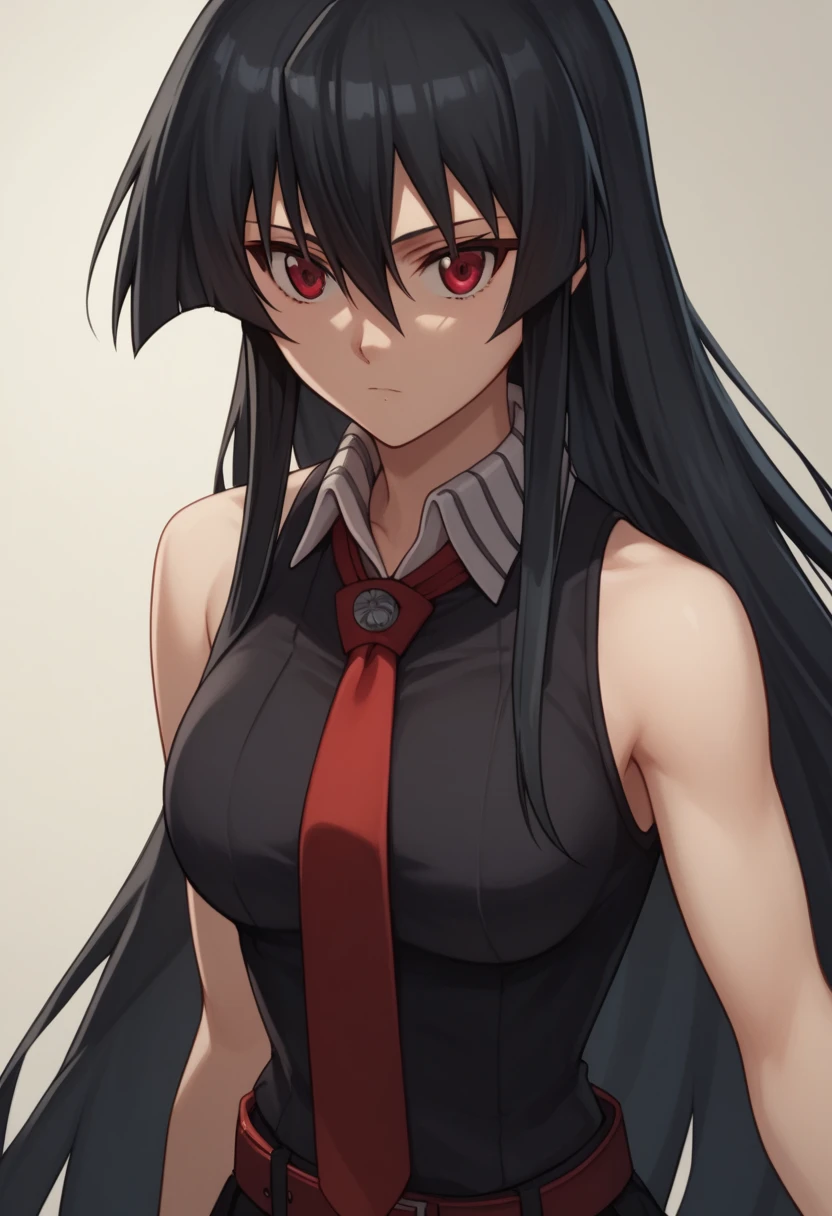 1girl,solo,akame, long hair, black hair, red eyes, hair between eyes, skirt, dress, necktie, sleeveless, belt, shirt, black shirt, collared shirt, red necktie, black skirt,centered shoulders up view, upper body visible,upper torso,upper body portrait , top half of body