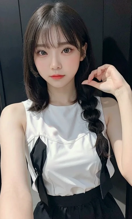One person、14 years old、Full body photo,slender、woman、White drool coming out of the mouth、smile、、Short Twin Tails、 Fair skin, messy hair, super cute、Soft and Face、8K resolution、Surreal、Ultra high definition、 A-cup small breasts((Highest resolution、8K、masterpiece:1.3))、Ultra-fine face、Ultra Fine Lips、Beautiful Eyes、double eyelid,Pink wall、Sleeveless green polo shirt、White Skirt、Thighs、thin,Thighsが見える、Shapely small breasts、sexy、So cute!