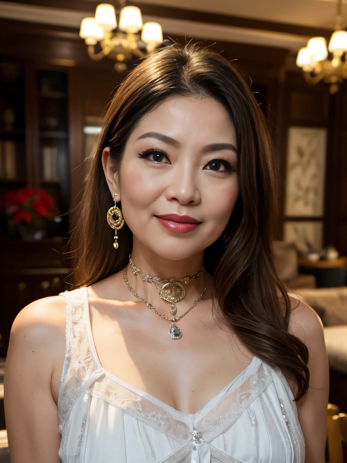 ((Realistic lighting, Masterpiece: 1.3)), (raw photo:1.2), Hyperrealist portrait gorgeous Beautiful tribal Chinese leader, mature woman, 40 years old, Milf, beautiful serious face, wrinkled face, beautiful detailed charming eyes, (pretty big breasts: 1.1), ((tribal red cape: 1.1), (tribal red mix gold strapless), (red tribal dress)), tribal loincloth, (tribal jewelry, tribal necklace, tribal diadem circlet), native American attire, tribal Palace background, legendary style, epic style, full body, (sit on throne: 1.2, tribal Palace background), professional photography, font view, very detailed faces, (garnet red lips, subtle makeup: 1.3), chignon hairstyle, full body, Best quality, 8K, colorful style
