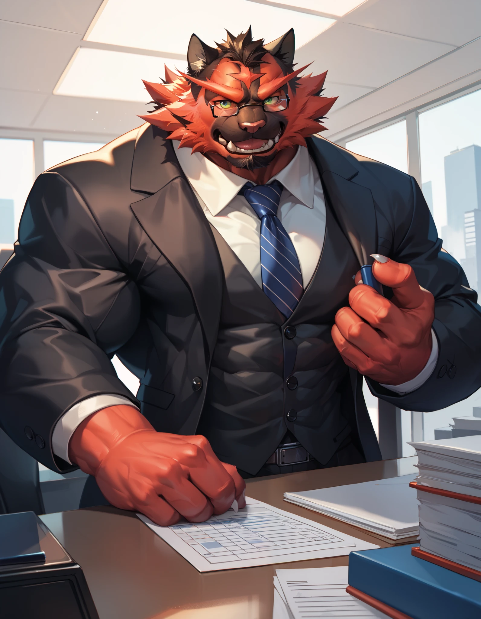 bara incineroar, fur, strong physique, perfect anatomy, masterpiece, black beard, big eyes, solo, great lighting, suits, office, glasses, 