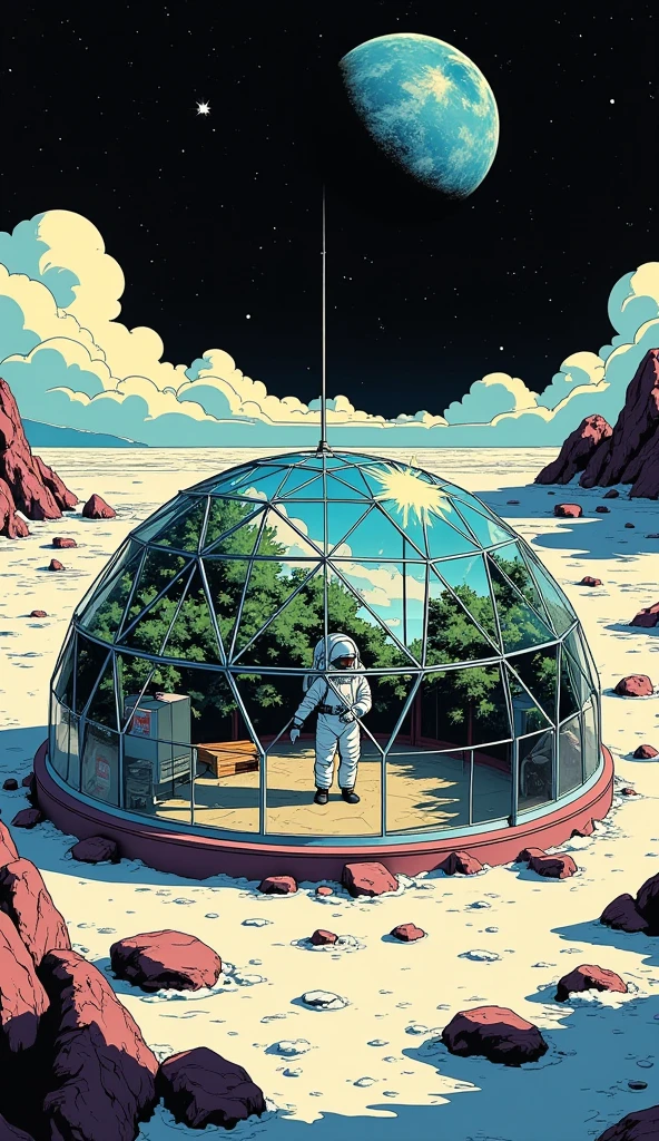 a spherical glass dome on the moon drawn in the style of synthwave. glass dome has triangular glass panels that forms the hemispherical shape. acts as a moon base for astronauts. inside the dome, small greenery can be seen. there are also a small building inside the glass dome for astronaut to use as a lab. earth can be seen in the sky.