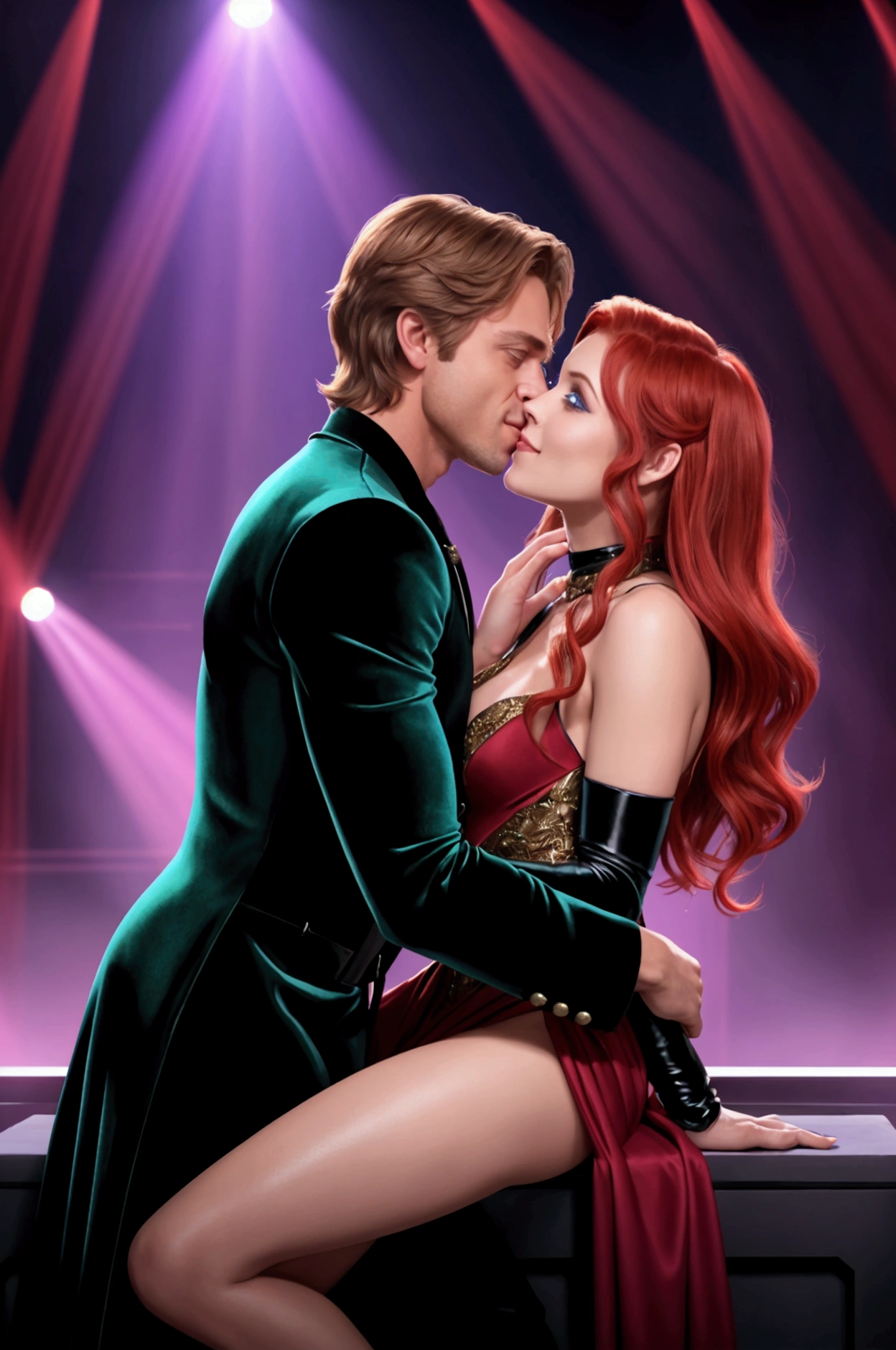 Glamorous male character resembling Young Mark Hamill as Young Luke Skywalker,sandy blone hair, blue eyes, Royal Black Velvet Smoking Jacket Costume Homme Suit Men with flower. Female character resembling Shannon Baska McRandle as Mara Jade from Star Wars, sparkling red evening gown with high slit, long flowing red hair, green eyes, elegant violet gloves. Scene set in a nightclub on stage, soft colorful lighting, musical instruments backdrop. Characters smiling at each other, Luke kissing Mara,love couples,Handsome Man Touching Leg Kissing Seductive Woman,man and woman are smiling, exuding confidence, allure, striking makeup, poised posture, digital illustration, detailed, vibrant colors, glamorous ambiance, by renowned artist, Artstation.