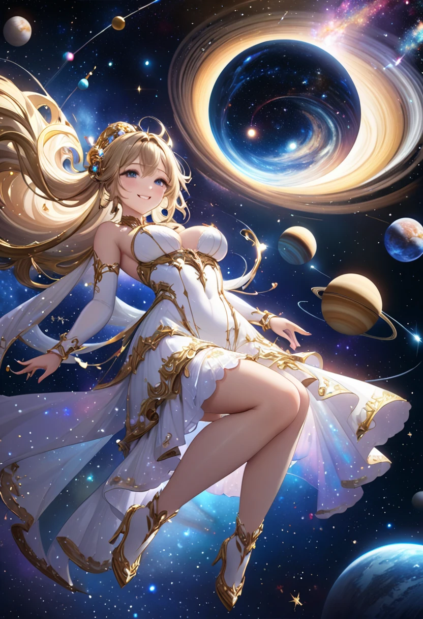 top-quality、Top image quality、​masterpiece、Full body naked girl((20yr old、Best Bust、big bast、Bust 90,Beautiful blue eyes、,Blonde long hair、A slender、a closeup、Esbian、Floating in the light、beautiful tiara、hiquality、Beautiful Art、Background with((starrysky)))masutepiece、visualart、depth of fields、sky at night、low angles、、Elven ears、、light magic、kosmos、mid night、harp melody🎵、Happy smile、Gentle light、Emitting a magical light、、Beautiful skins、beutiful breast、beautiful foot、welcome、、accurate fingers、Exact finger count、nffsw,NSFW,Completely naked、I'm not wearing underwear、、A sexy、Mystical　flying though the air、