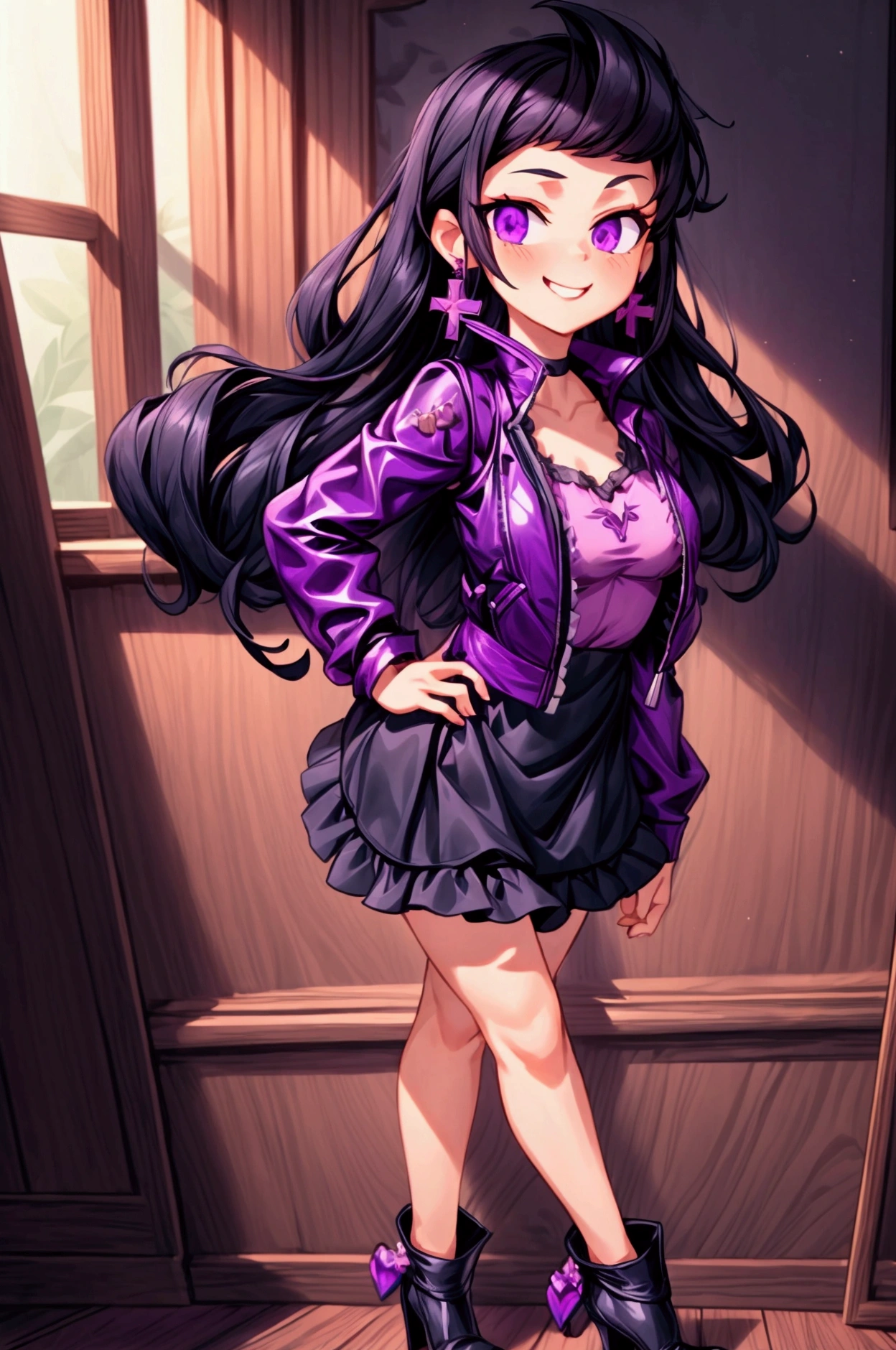 (Masterpiece, best quality) 1 girl, black hair, medium long hair, purple eyes, standing indoors with intricate details and sunlight. Purple frilled dress with short neckline, dark black biker jacket vest, black heels, cross earrings. Sweet smile, sexy pose, coquette, beautiful legs, mature body, gorgeous, pronounced breasts