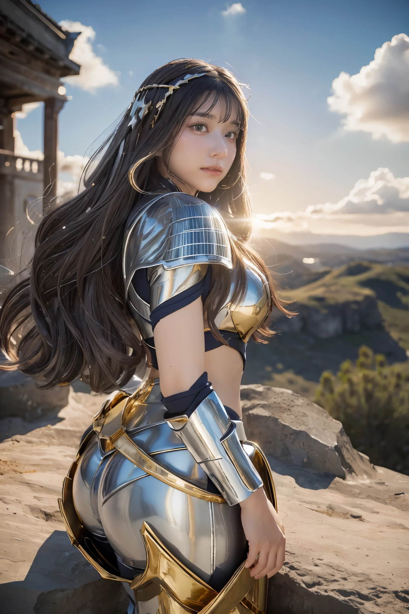 ((masterpiece, best quality, extremely detailed), volumetric lighting, ambient occlusion, colorful, glowing), 1girl, solo, young girl, (dark hair), long hair, halo, aura, sacred, goddess, cleric suit, (silver outfit with gold detailst:1.3), armor, outdoors, sunset, sky, clouds, space, (fantasy theme:1.2),