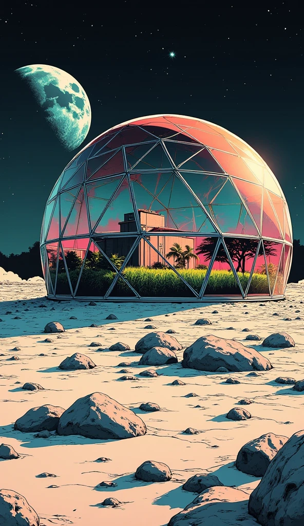 a spherical glass dome on the moon drawn in the style of synthwave. glass dome has triangular glass panels that forms the hemispherical shape. acts as a moon base for astronauts. inside the dome, small farm can be seen. there is also a small building inside the glass dome. earth can be seen in the sky.