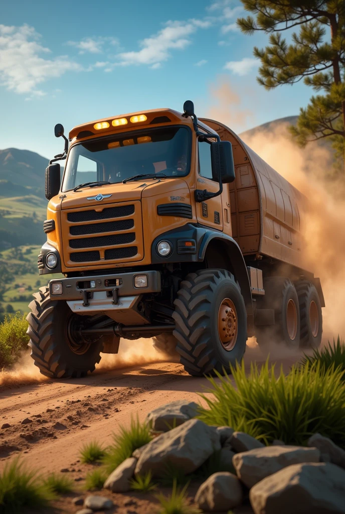 a breathtaking, photorealistic 8K image of a heavy machinery truck participating in a thrilling rally race through a stunning landscape. Inspired by the dynamic style of automotive photographers like Larry Chen and the grand natural scenery of Ansel Adams, the scene should capture the raw power and speed of the truck against the beauty of nature. The truck, rugged and imposing, kicks up dust and debris, with visible tire tracks cutting through the dirt road. The environment around the truck must be heavily impacted by its presence, with dust clouds swirling and rocks flying from beneath its massive tires.

The landscape surrounding the truck features rolling hills, lush green fields, and distant mountains under a bright blue sky. Sunlight filters through the dust, creating beams of light that add depth and intensity to the scene. The movement of the truck should be emphasized with blurred motion lines from the spinning wheels and dust trails, contrasting with the sharp details of the truck’s massive structure.

Use a Canon EOS R5 with a Canon RF 70-200mm f/2.8L lens to capture every intricate detail of the scene, from the rugged textures of the truck’s body to the fine particles of dust in the air. The camera angle should be slightly low and to the side, giving the viewer a close-up action shot that highlights the truck’s power while still framing the expansive landscape in the background. The image should evoke a sense of adrenaline and motion, blending the raw intensity of the race with the serene beauty of the natural world.