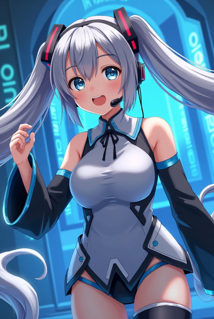 (masterpiece、Highest quality、Highest quality、Official Art、Beautiful and beautiful:1.2)、(One girl:1.3)Hatsune Miku、Twin tails,Beautiful breasts,(masterpiece), (sf:1.4), One girl, She turned away, smile, Silver Hair, Aqua Eye, headgear, Long sleeve, Removable sleeves, Glowing Energy Clothing, Particles of light