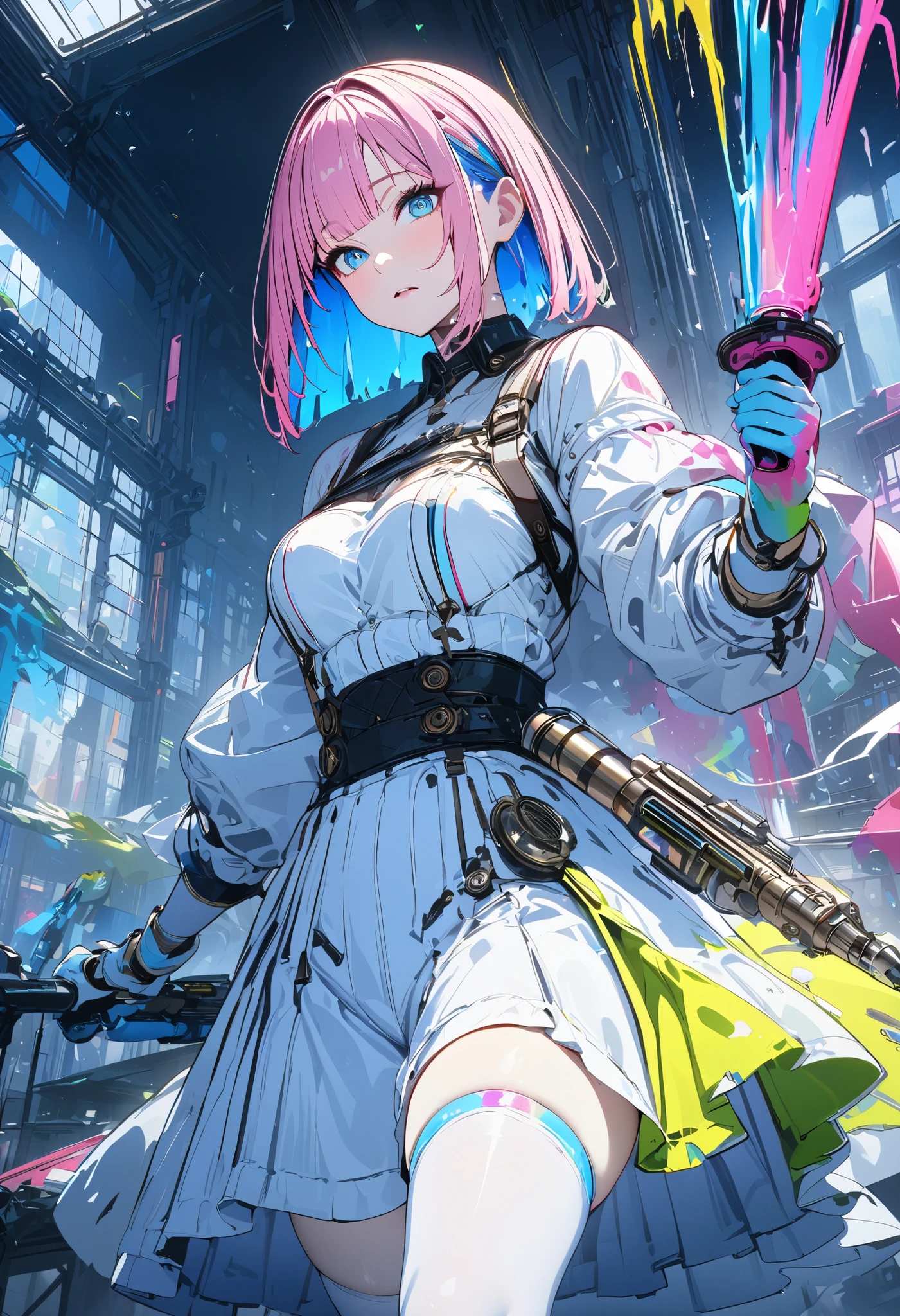Anime girl with pink hair holding a gun and a colorful umbrella - SeaArt AI
