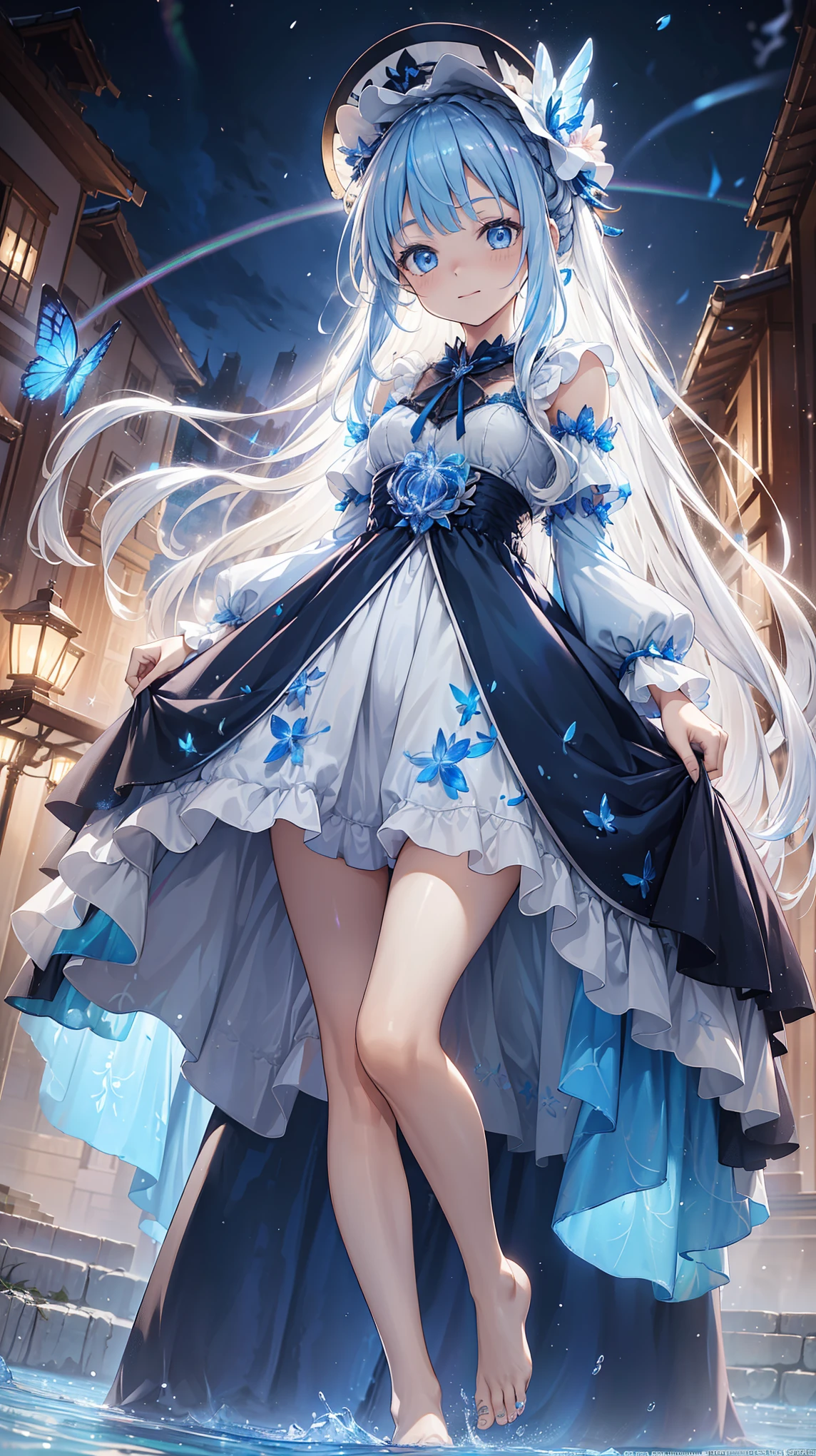  a girl , The Most Beautiful Woman in the World , Side seated , White hair, Long Bian , White hair,  blue eyes , ((( Barefoot in the water , Lightly dressed Lolita，Small hat， The dress has moving streamers ) )),  Deep Magical Forest ， Growing Neon Flowers and Fireflies ,  Colorful flowers and leaves , { Extremely Detailed 16k CG Unit Wallpaper}, Wide-ranging landscape photography, (  The focus is on characters and scenes  ), ( wide field of view ), (Low Angle Shot), (emphasize: 1.2), (Low Light: 1.7), ( Warm light source: 1.2),  Complex details , ( iridescent color : 1.5), ( brightly illuminate ), (Ambient lighting )，Butterfly，Phantom Animals ， Soul Animals
