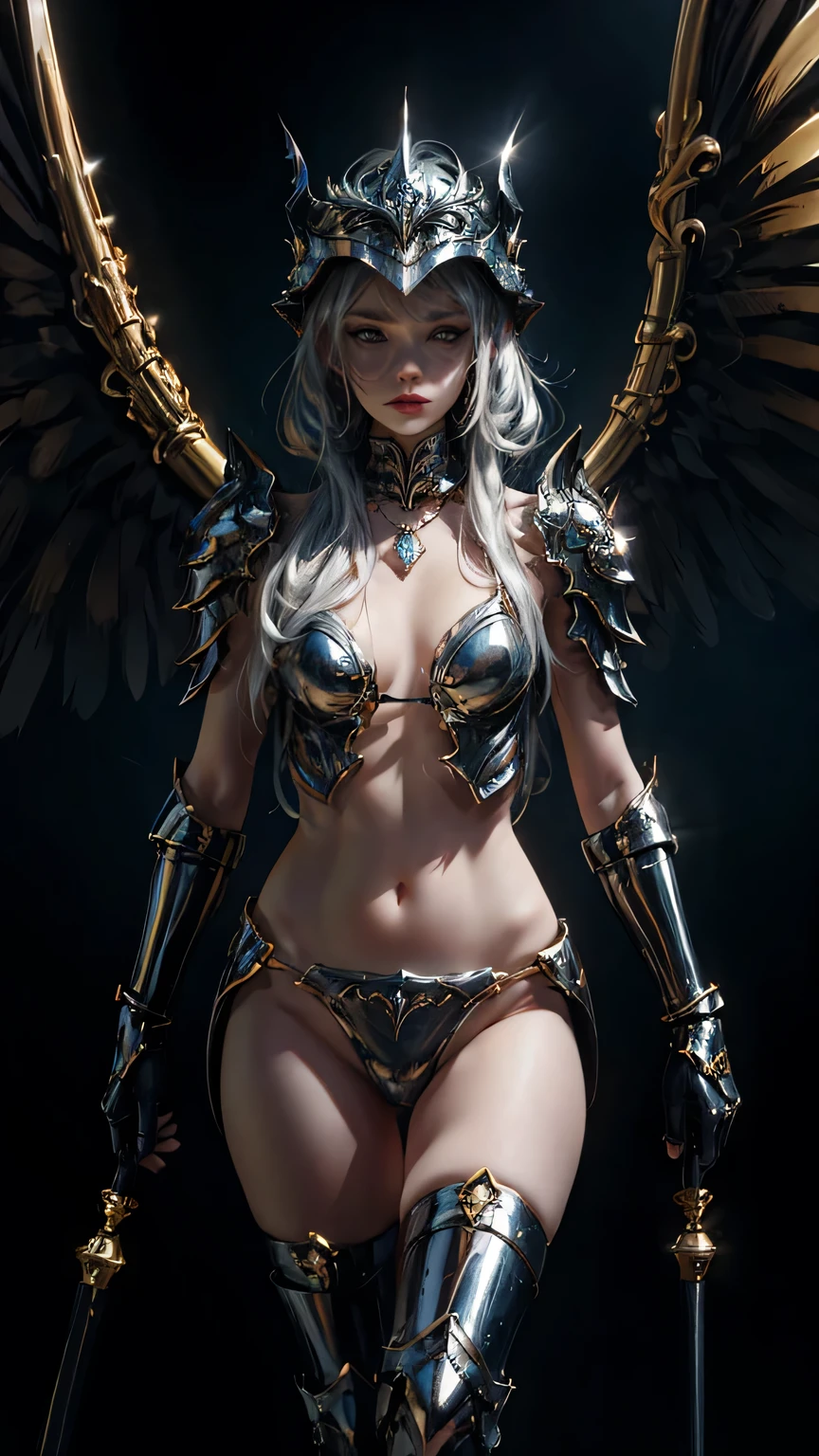 8k, ultrarealistic photo realistic picture perfect bio mechanical angle goddess,anglic perfect face, thin curved platinum blonde eyebrows, color perfect makeup, long luscious eyelashes, black eyeliner, bright eye shadow, vibrant red cheeck makeup, vibrant red lipstick, seductive curved lips, large halo above head,long luscious platinum blonde hair, godlike white feather wings back, anglic white skin, bio mechanical hands and arms, natural anglic breast, showing cleavage, show vertebrae, slinder waist, curvy hips, perfect toned ass, bio mechanical torso, bio mechanical legs, heaven with clouds bright sun light,