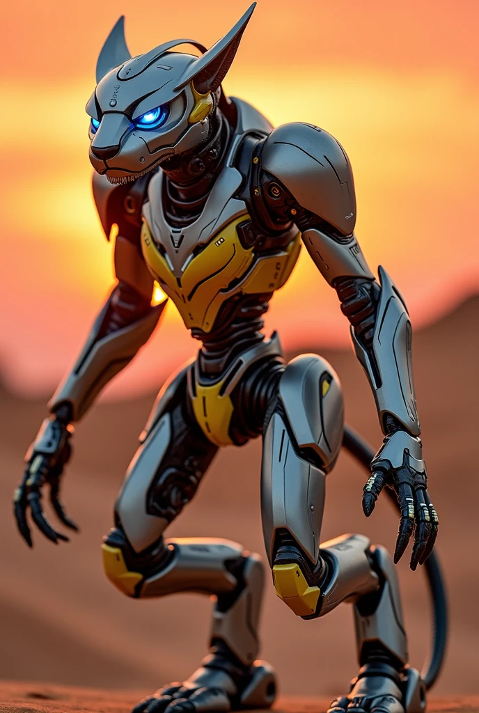 This photo is clicked using Blackmagic Design URSA Cine 12K LF Digital Film 	
Camera A stylized robot with a sleek, aerodynamic build, featuring metallic armor in shades of silver and yellow. The head resembles that of a cheetah, with sharp contours and glowing blue eyes. Its limbs are designed for speed, with spring-like joints and retractable claws. The background is a futuristic desert landscape under a crimson sunset, enhancing the high-tech predator vibe of the character.
