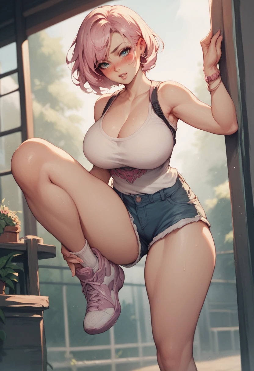 A short sleeveless ,  short shorts ,  big breasts ,  stands on one leg ,  shirt and pulls the second one straight up,  looks at the viewer , she has a blush 