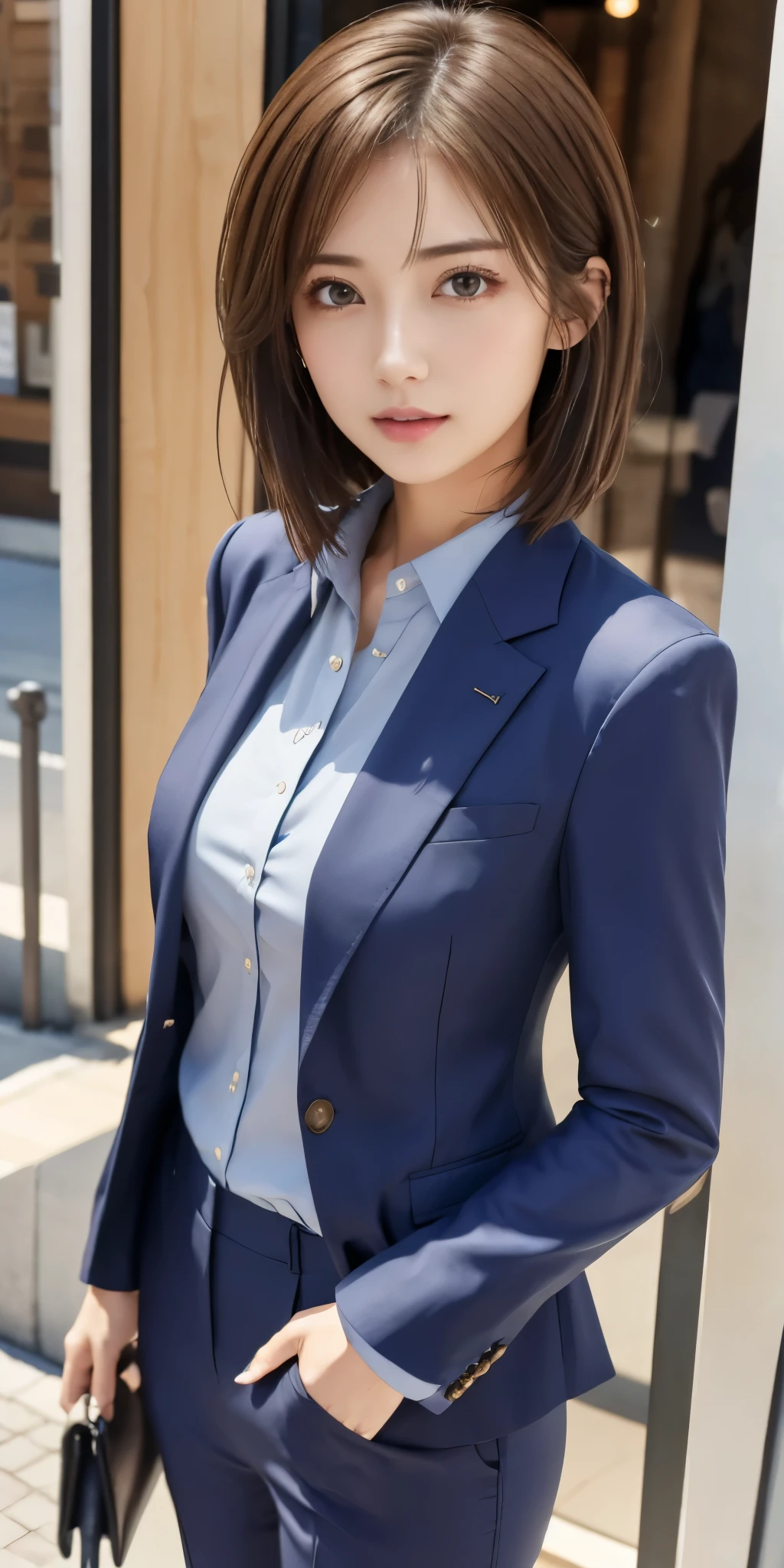 Arafed asian woman in a blue suit and blue shirt - SeaArt AI