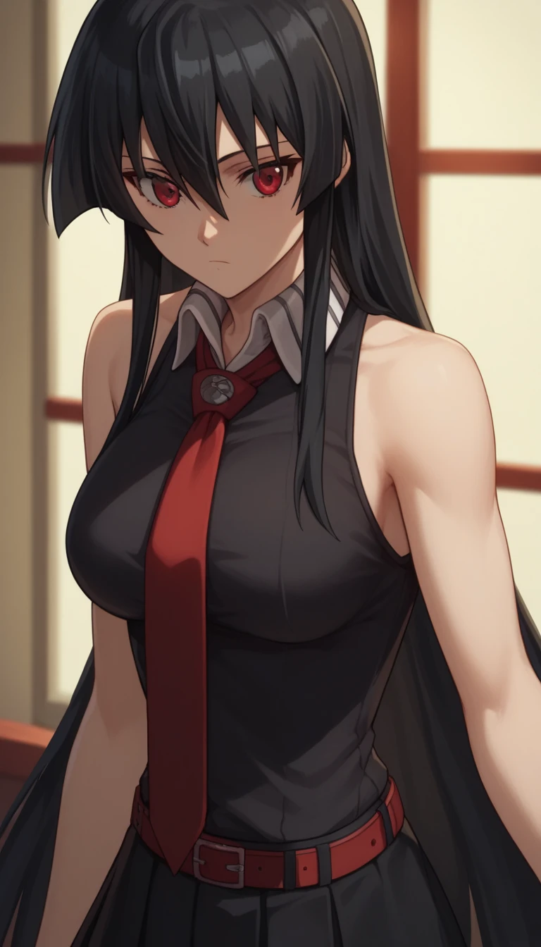 1girl,solo,akame, long hair, black hair, red eyes, hair between eyes, skirt, dress, necktie, sleeveless, belt, shirt, black shirt, collared shirt, red necktie, black skirt,centered shoulders up view, top half of body