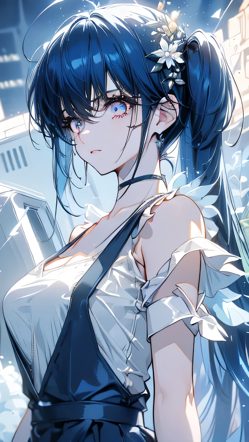  pretty girl, blue hair short hair, loose fluffy perm,Flower Hair Ornaments, white t-shirt , overalls,masterpiece,  best quality, Bubble,  blue dress ,  twin tails,  pretty face,  very detailed eyes, Intense gaze, Combat pose,  DESTROYED CITY, A distant fire, Rising Smoke, 