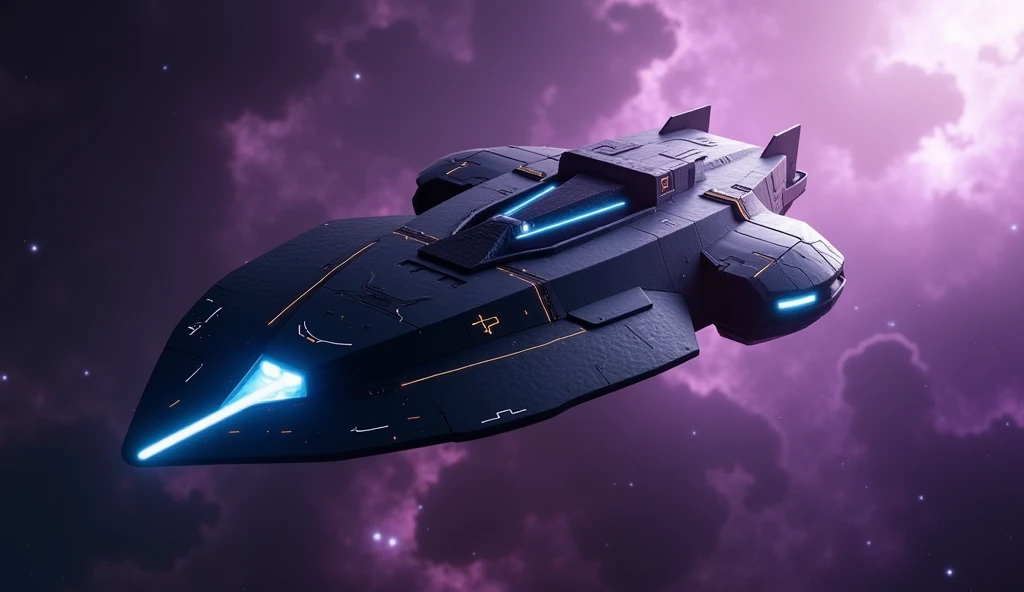 " A futuristic flagship of a Latin star troop ,  floating majestically in space .  The ship has an elegant and minimalist design ,  with a matte black structure that reflects the light of the surrounding stars Before.  The front of the ship has a sharp shape , like an arrow ,  with energy panels that shine in shades of electric blue and gray .  The hull is completely smooth and aerodynamic ,  with futuristic details that include lines of pulsating light . in the background,  you see a vast purple nebula that illuminates the ship .