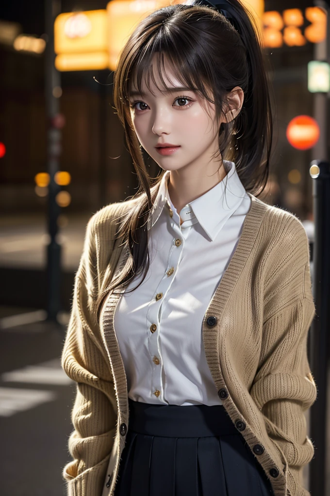 A girl,(Hire.fix:1.4)、( Collared shirt  :1.4), (Cardigan:1.3),(long skirt:1.3)、(RAW photos,  top quality on hand), ( realistic,  photorealistic:1.4), ( My head is matted ,  asymmetric bangs,  Dark Brown Hair, ponytail:1.3),laugh、  Very delicate and beautiful , VERY DETAILED, 8k wallpaper, wonderful, in detail, VERY DETAILEDなCG Unity,  high resolution,  soft light,  Beautifully depicted 19-year-old girl, VERY DETAILEDな目と顔,  Beautifully detailed nose ,  beautiful details ,Cinema Lighting,night view,perfect anatomy,slim body,  big boobs