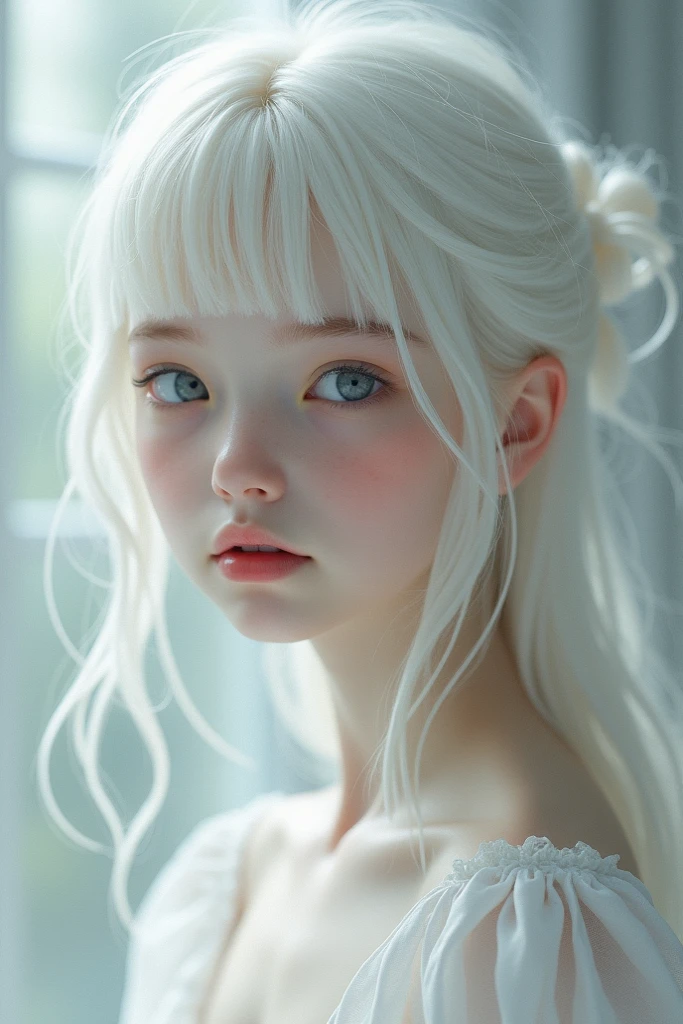 Pale white-haired girl with gray eyes
