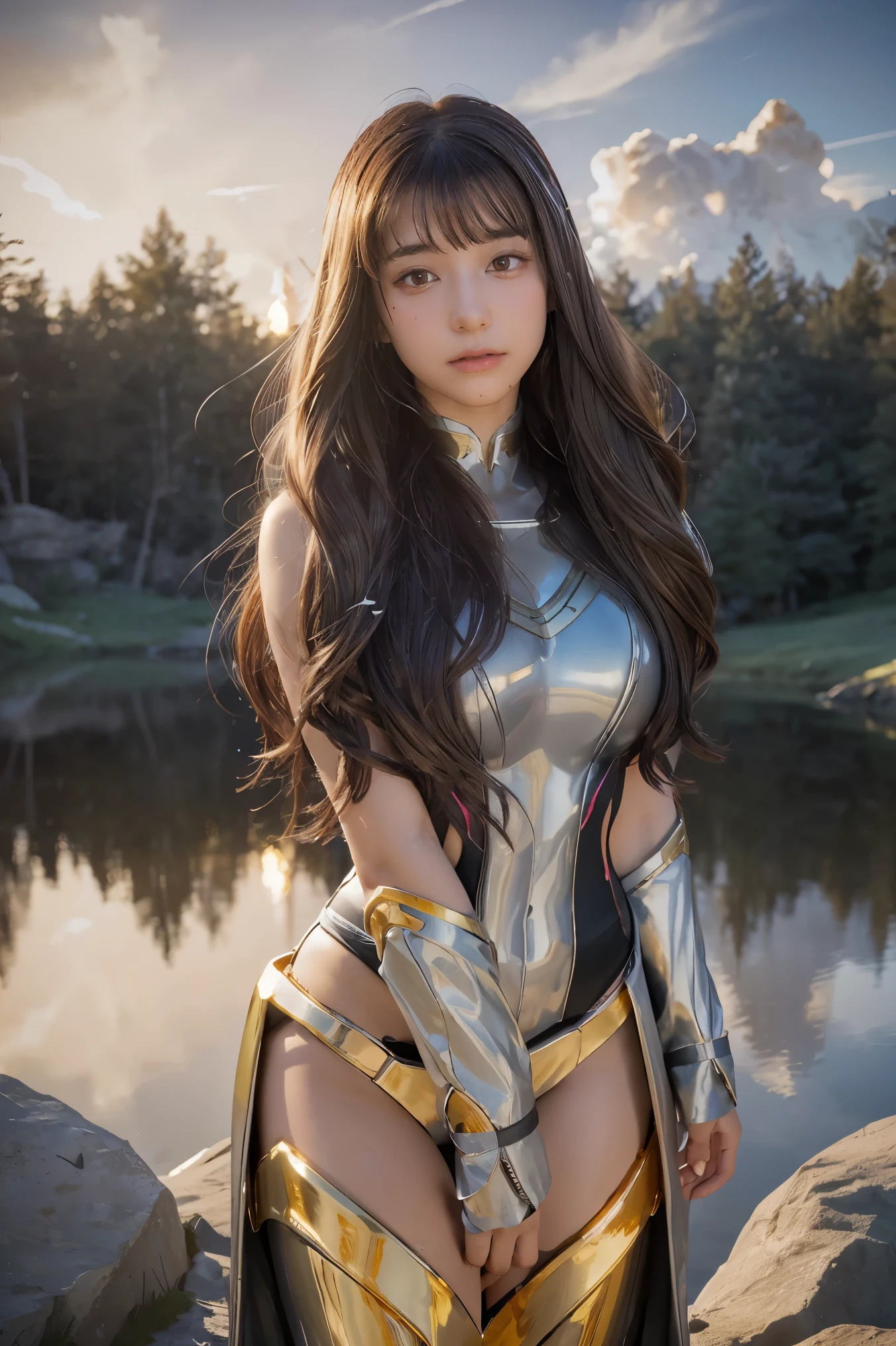 ((masterpiece, best quality, extremely detailed), volumetric lighting, ambient occlusion, colorful, glowing), 1girl, solo, young girl, (dark hair), long hair, halo, aura, sacred, goddess, cleric suit, (silver outfit with gold detailst:1.3), armor, outdoors, sunset, sky, clouds, space, (fantasy theme:1.2),