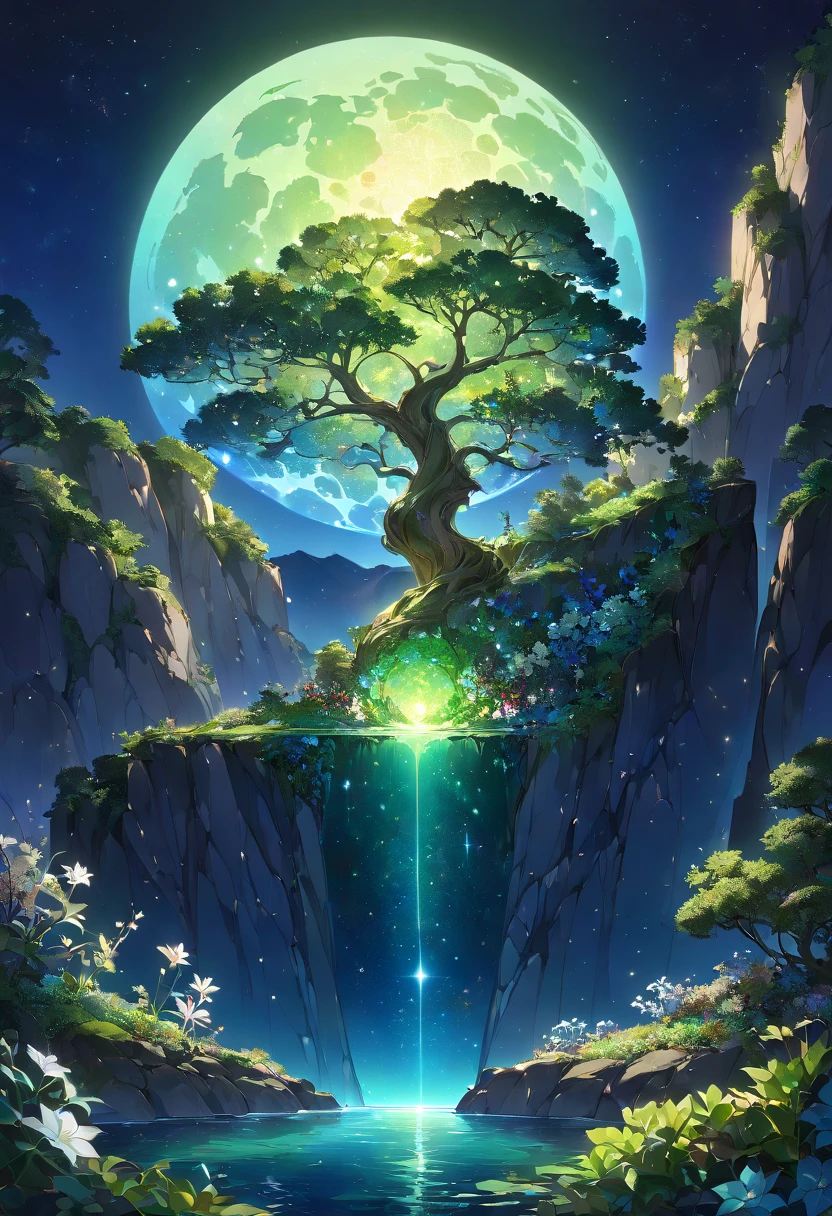 (((world tree))),(((masterpiece))),(( gradation rich )),(( bluish overall )),( perfect anatomy), ultra high quality, rich color palette,Beautiful fantastic lighting ,Mysterious, dark blue night sky , plants that shine in light green,Big Moon,Stars that shine like diamonds 々,Steep cliff,Clear waterside , detailed background,Artwork, best quality,Floral,