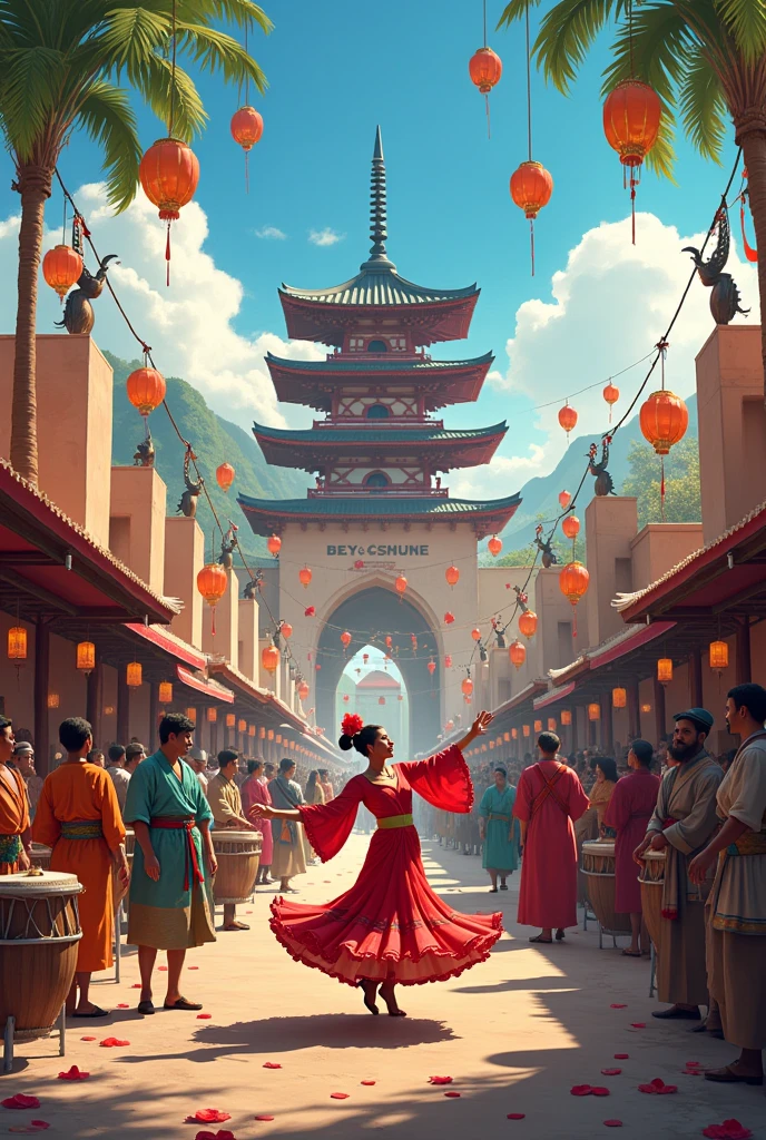 Picture a vibrant marketplace where a Japanese pagoda rises alongside a Moroccan kasbah. People wear a mix of kimonos, saris, and dashikis, celebrating their shared traditions. A dancer performs flamenco while surrounded by indigenous drummers, under a sky adorned with lanterns and tribal totems.