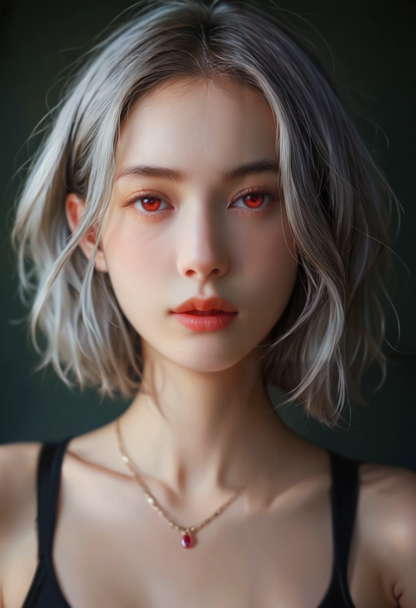 short and disheveled girl band member's gray hair , red eyes, close-up photo , photorealistic, Wearing a tank top and jogger pants, monochromatic, Future Cities , Dynamic camera angle, Full body beautiful photo , Beautiful detailed face, Visible T-back Straps , Similar colors, Light Shadows, beautiful gradations , depth of field, Hair Light, , High Quality , high detail, high definition , lovely hip style from Luminous Studio graphics engine, Facial beauty, Slim Waist , 16k