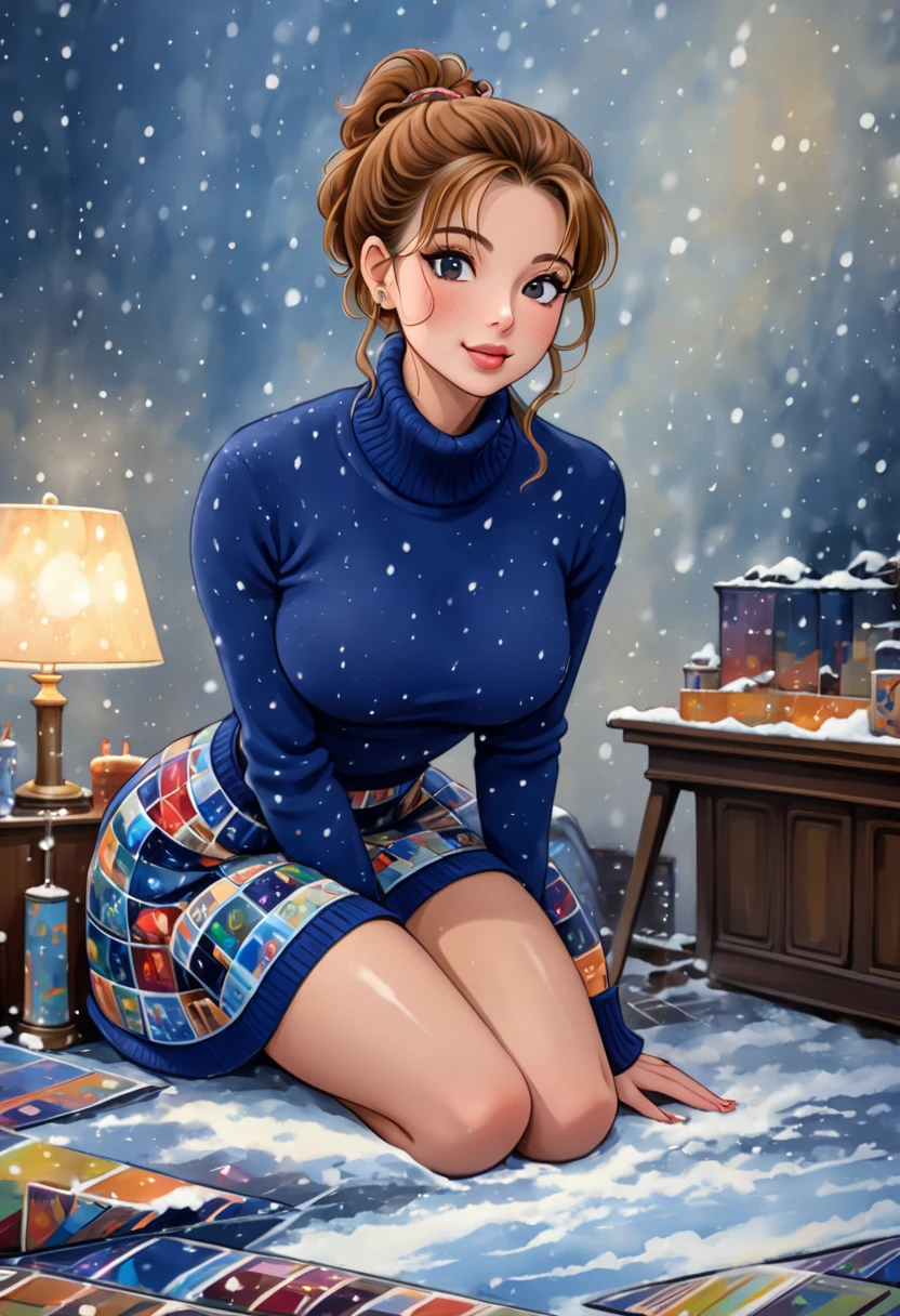 A Nubile, Sultry And Alluring needy Woman Who Is Stting In Front Of A Stone Fireplace Wearing A Tight Cozy Navy Blue Knitted Sweater. B-Cup. cleavage. cute pose. A Cute Skirt With Leggings The Scene Is Cosy And Hygge. Snowing Outside. The Medium Used To Depict This Artwork Is Oil Painting, Ensuring A High-Quality And Detailed Result. The Painting Style Is Realistic And Photorealistic, With Vivid Colors And Sharp Focus. The Overall Lighting Is Well-Balanced, Illuminating The Scene Beautifully. Traylor howard
