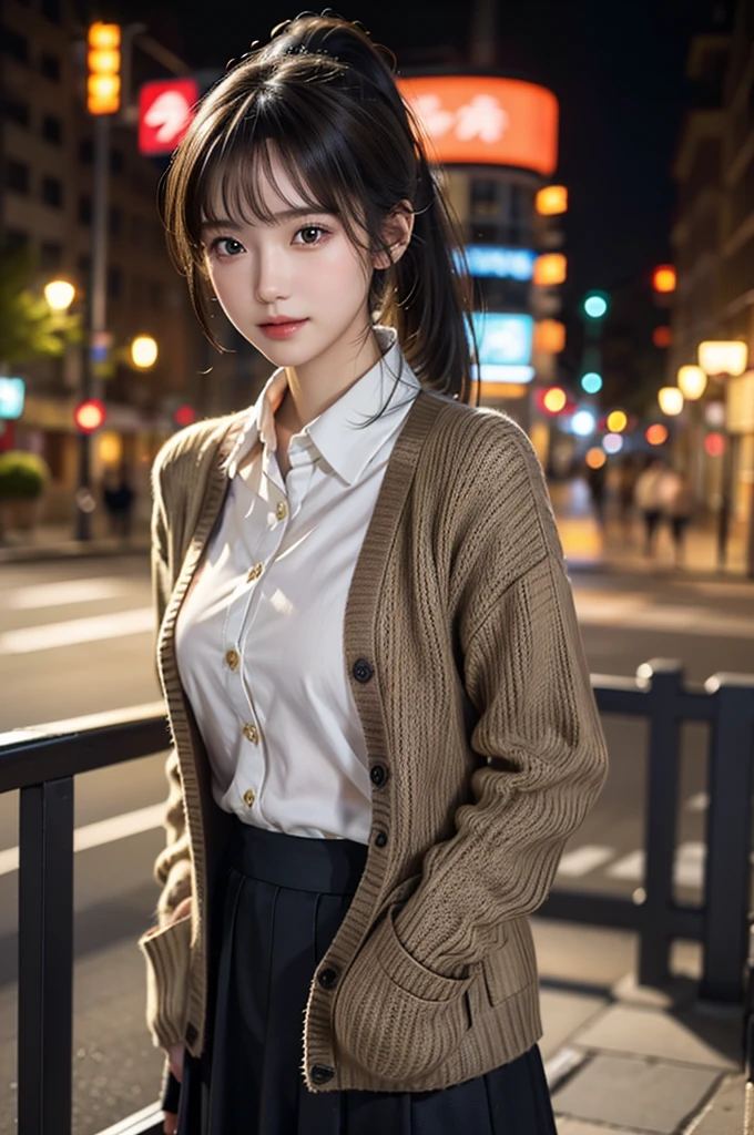 A girl,(Hire.fix:1.4)、( Collared shirt  :1.4), (Cardigan:1.3),(long skirt:1.3)、(RAW photos,  top quality on hand), ( realistic,  photorealistic:1.4), ( My head is matted ,  asymmetric bangs,  Dark Brown Hair, ponytail:1.3),laugh、  Very delicate and beautiful , VERY DETAILED, 8k wallpaper, wonderful, in detail, VERY DETAILEDなCG Unity,  high resolution,  soft light,  Beautifully depicted 19-year-old girl, VERY DETAILEDな目と顔,  Beautifully detailed nose ,  beautiful details ,Cinema Lighting,night view,perfect anatomy,slim body,  big boobs