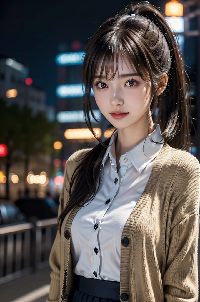 A girl,(Hire.fix:1.4)、( Collared shirt  :1.4), (Cardigan:1.3),(long skirt:1.3)、(RAW photos,  top quality on hand), ( realistic,  photorealistic:1.4), ( My head is matted ,  asymmetric bangs,  Dark Brown Hair, ponytail:1.3),laugh、  Very delicate and beautiful , VERY DETAILED, 8k wallpaper, wonderful, in detail, VERY DETAILEDなCG Unity,  high resolution,  soft light,  Beautifully depicted 19-year-old girl, VERY DETAILEDな目と顔,  Beautifully detailed nose ,  beautiful details ,Cinema Lighting,night view,perfect anatomy,slim body,  big boobs