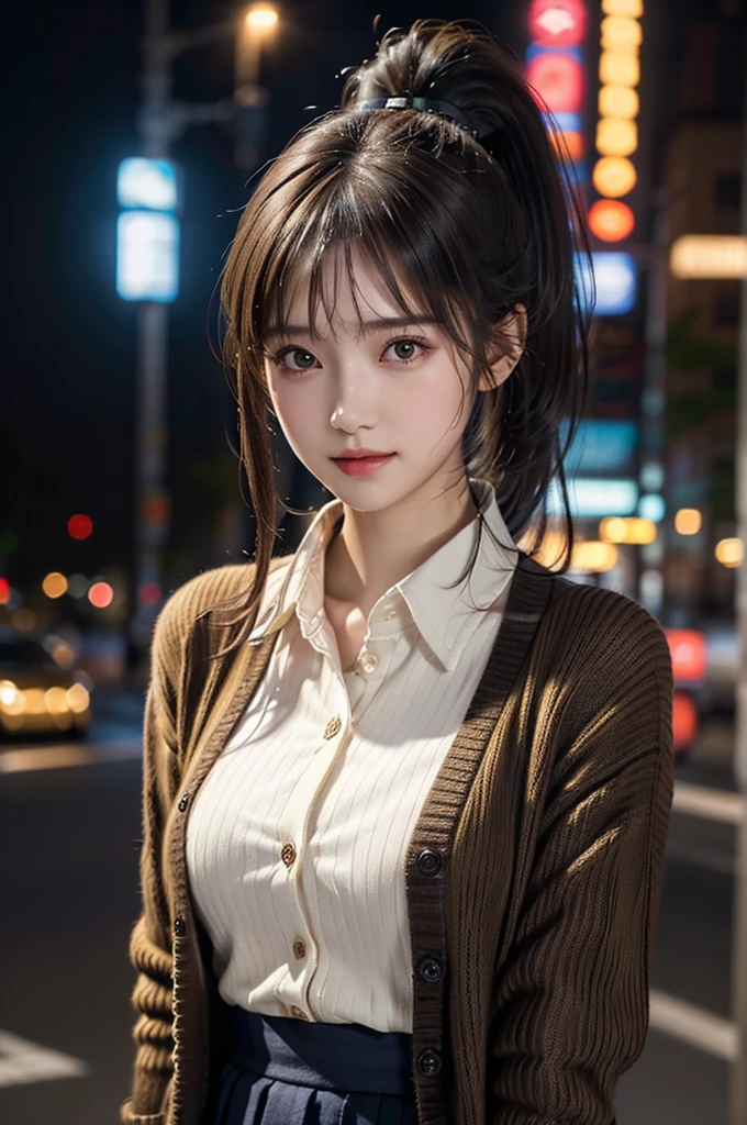 A girl,(Hire.fix:1.4)、( Collared shirt  :1.4), (Cardigan:1.3),(long skirt:1.3)、(RAW photos,  top quality on hand), ( realistic,  photorealistic:1.4), ( My head is matted ,  asymmetric bangs,  Dark Brown Hair, ponytail:1.3),laugh、  Very delicate and beautiful , VERY DETAILED, 8k wallpaper, wonderful, in detail, VERY DETAILEDなCG Unity,  high resolution,  soft light,  Beautifully depicted 19-year-old girl, VERY DETAILEDな目と顔,  Beautifully detailed nose ,  beautiful details ,Cinema Lighting,night view,perfect anatomy,slim body,  big boobs