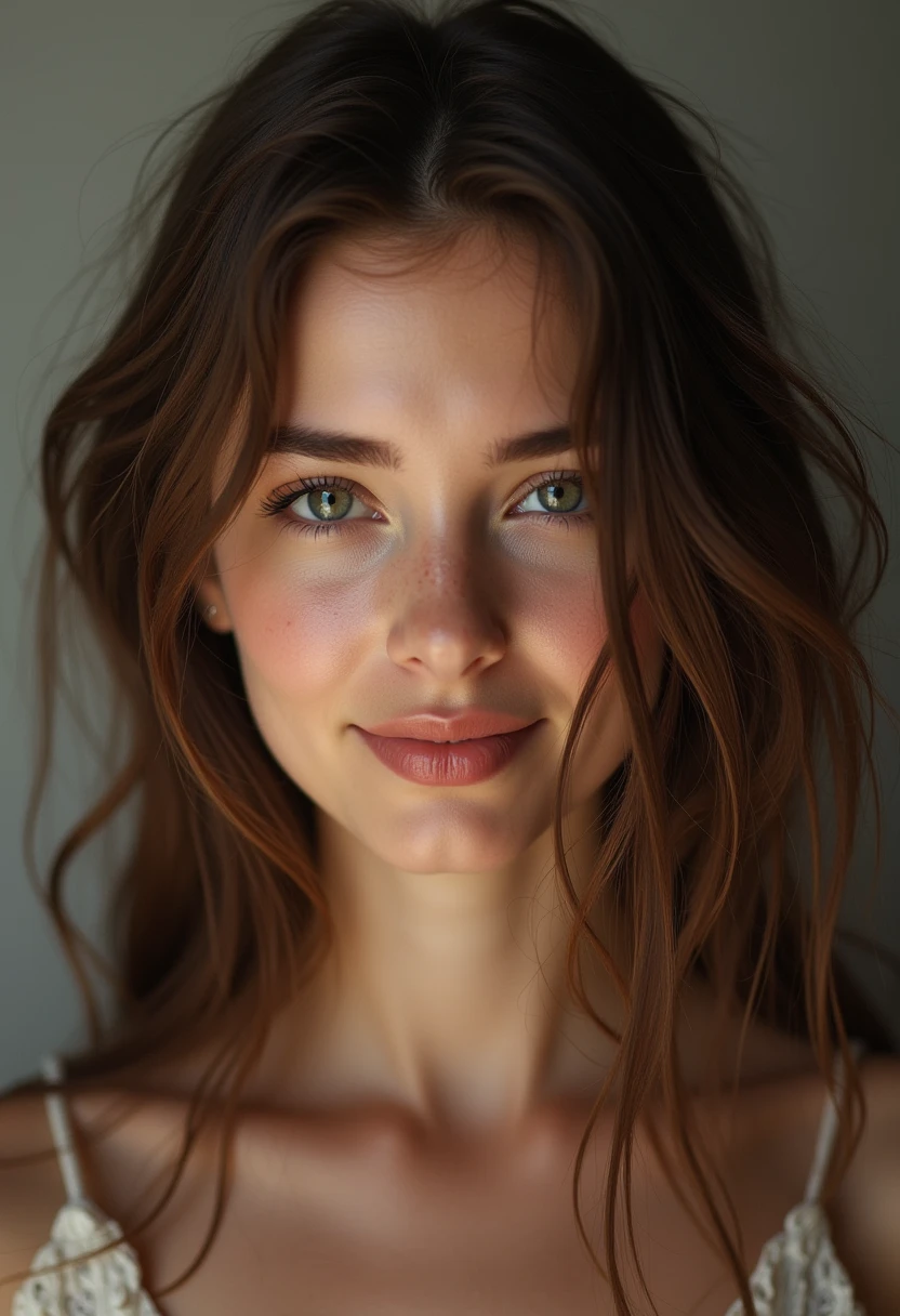 1girl, european girl, look at me, brown hair, weavy long hair, portrait, 