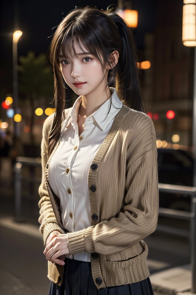 A girl,(Hire.fix:1.4)、( Collared shirt  :1.4), (Cardigan:1.3),(long skirt:1.3)、(RAW photos,  top quality on hand), ( realistic,  photorealistic:1.4), ( My head is matted ,  asymmetric bangs,  Dark Brown Hair, ponytail:1.3),laugh、  Very delicate and beautiful , VERY DETAILED, 8k wallpaper, wonderful, in detail, VERY DETAILEDなCG Unity,  high resolution,  soft light,  Beautifully depicted 19-year-old girl, VERY DETAILEDな目と顔,  Beautifully detailed nose ,  beautiful details ,Cinema Lighting,night view,perfect anatomy,slim body,  big boobs