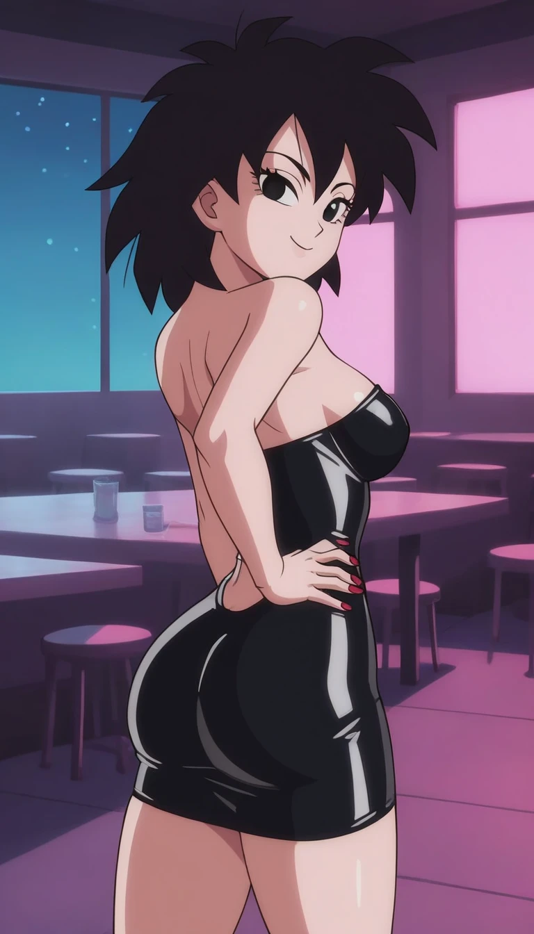 source_anime, score_9, score_8_up, score_7_up, anime screencap, absurd res, official style, gine, 1girl, solo, black hair, black eyes, closed mouth, bare back, medium breast, a seductive smile, mouth closed, short black leather bodycon dress, strapless, sexy, sexual arousal, red nails, dance floor, night club, smile, looking at viewers, cowboy shot, head turn, showing her back view, indoors, disco lighting, brown pantyhose, one hand on waist
