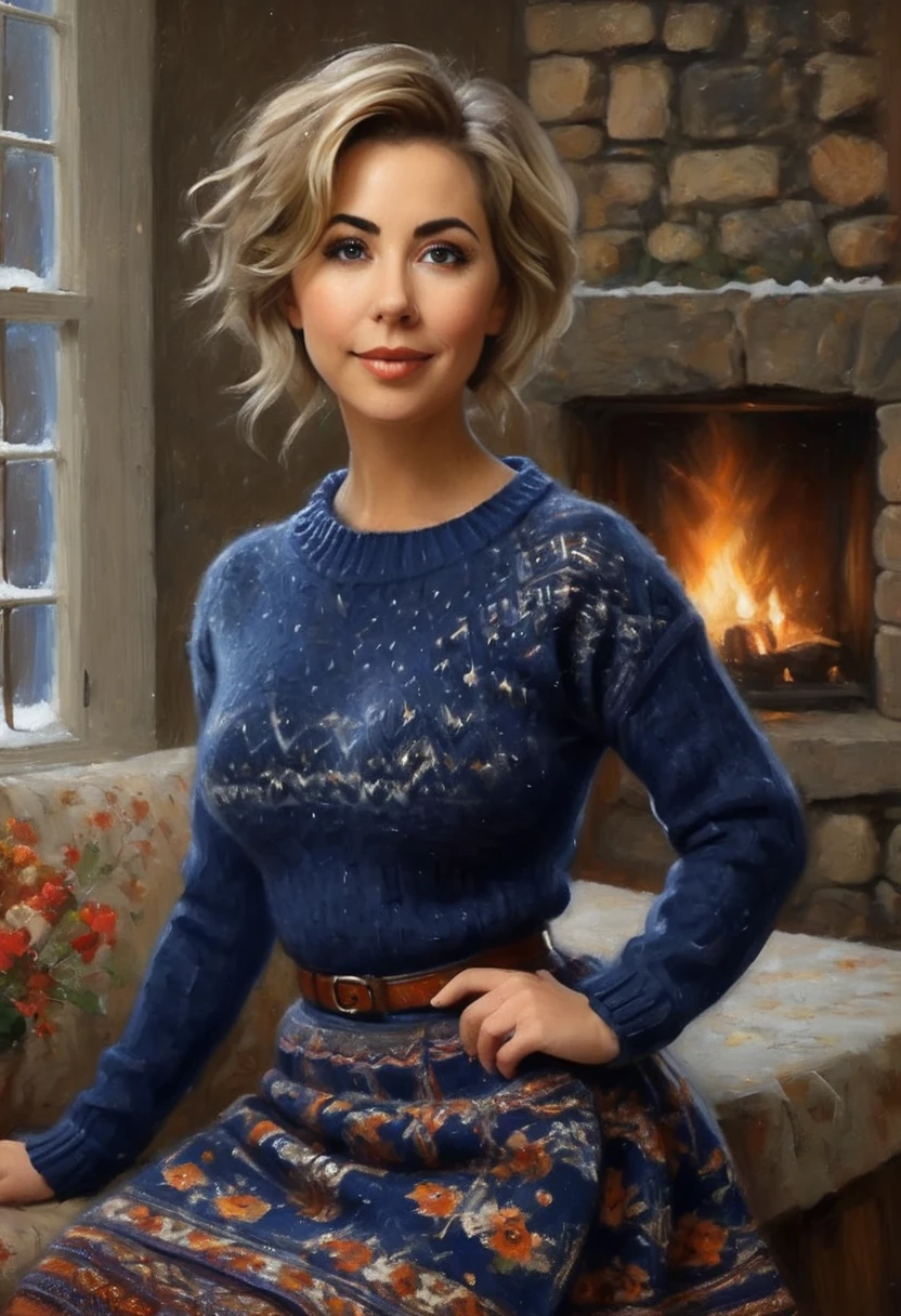 A Nubile, Sultry And Alluring needy Woman Who Is Stting In Front Of A Stone Fireplace Wearing A Tight Cozy Navy Blue Knitted Sweater. B-Cup. cleavage. cute pose. A Cute Skirt With Leggings The Scene Is Cosy And Hygge. Snowing Outside. The Medium Used To Depict This Artwork Is Oil Painting, Ensuring A High-Quality And Detailed Result. The Painting Style Is Realistic And Photorealistic, With Vivid Colors And Sharp Focus. The Overall Lighting Is Well-Balanced, Illuminating The Scene Beautifully. Traylor howard