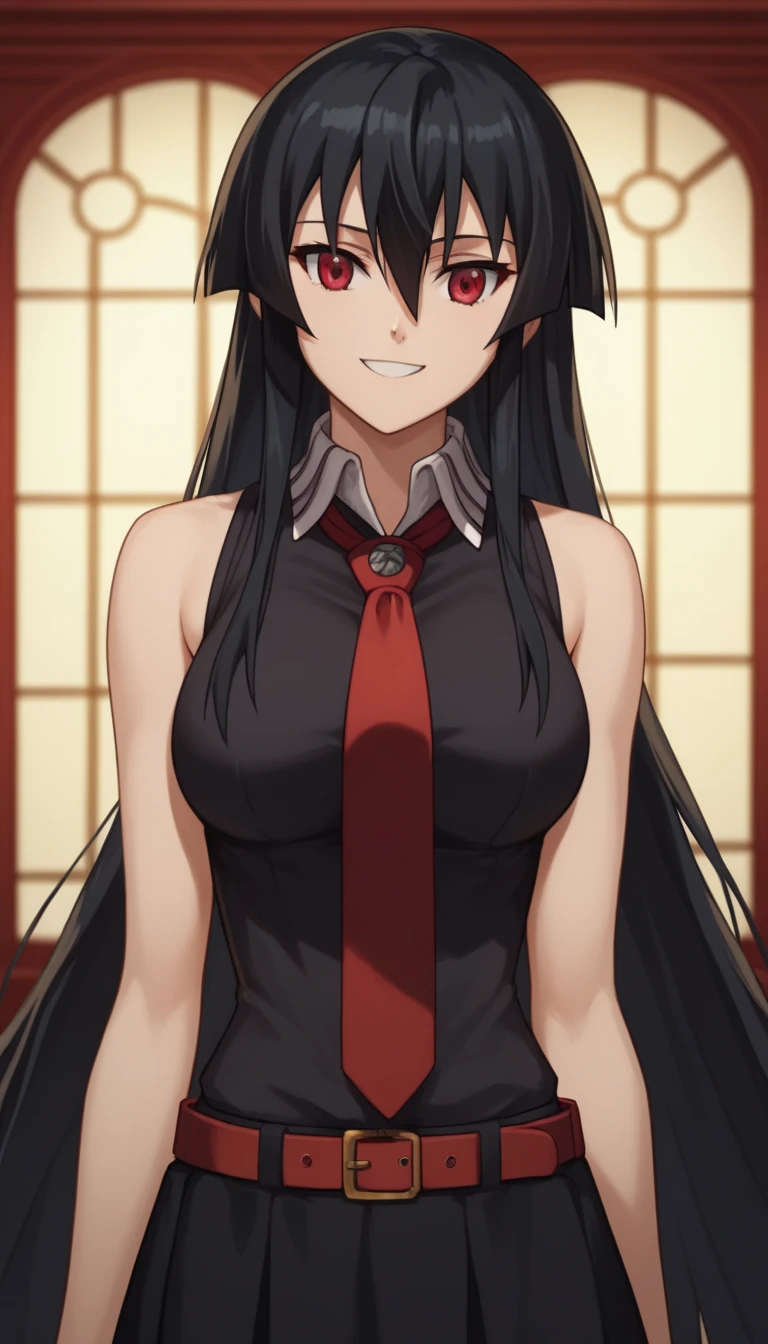 1girl,solo,akame, long hair, black hair, red eyes, hair between eyes, skirt, dress, necktie, sleeveless, belt, shirt, black shirt, collared shirt, red necktie, black skirt,smile face,centered shoulders up view, upper body visible,upper torso,upper body portrait , top half of body