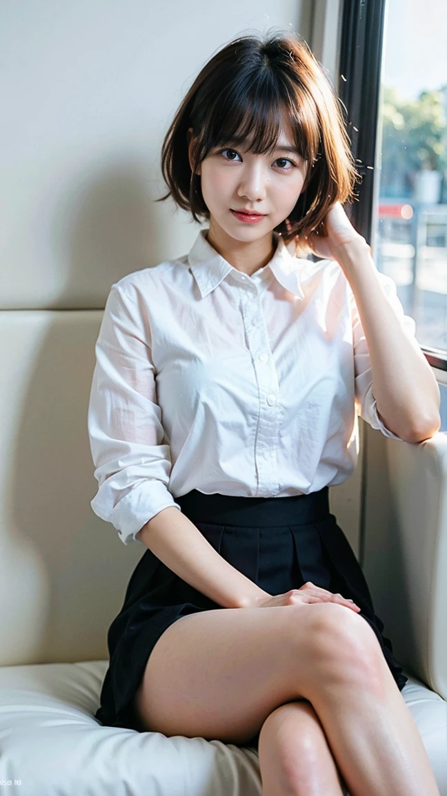 (8k, highest quality, masterpiece:1.2), (Actual, Realistic:1.37), Very detailed, 
1 girl,Lovely, alone,Beautiful and detailed sky,Cafe details,Sitting,abolition,(smile:1.15),(Please keep your mouth shut) Small breasts,Beautiful and delicate eyes,(Collared shirt:1.1), White shirt, Pleated skirt，black collar，black，White lace, Beautiful legs，(super Realistic pantyhose:1.3), Buttons suddenly open
(Details of short hair with bangs:1.2),Flowing hair ,New frog style,,White skin,Light,Bedroom，Bedridden