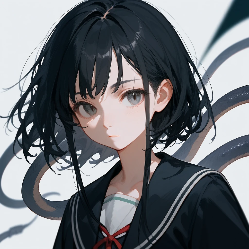  1 girl,  black hair, iris, beautiful_face, Black snake motif,  school uniform, Solo Illustration,  Shorthair,  Black Kimono,  upper body, 笑face,  flat chested