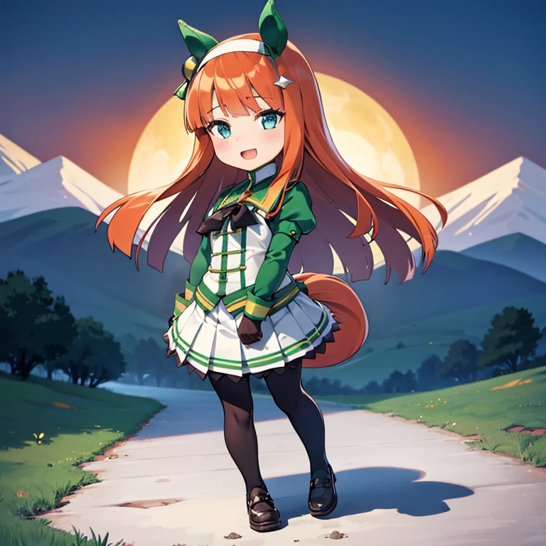  green hill with big mountains in sight、Run with open arms、Highest quality, High resolution, Detailed Background, Beautiful face in every detail, Anatomically correct, Detailed facial expressions, fine grain, ((full body)), ((One Girl:1.5)), ((Chibi Girl:1.2)), silencesuzuka, horse girl, orange hair, horse ears, horse tail, ear covers, puffy sleeves, short over long sleeves, black gloves, white skirt, black pantyhose, small breasts、smile、Open your mouth、 has red cheeks、From afar