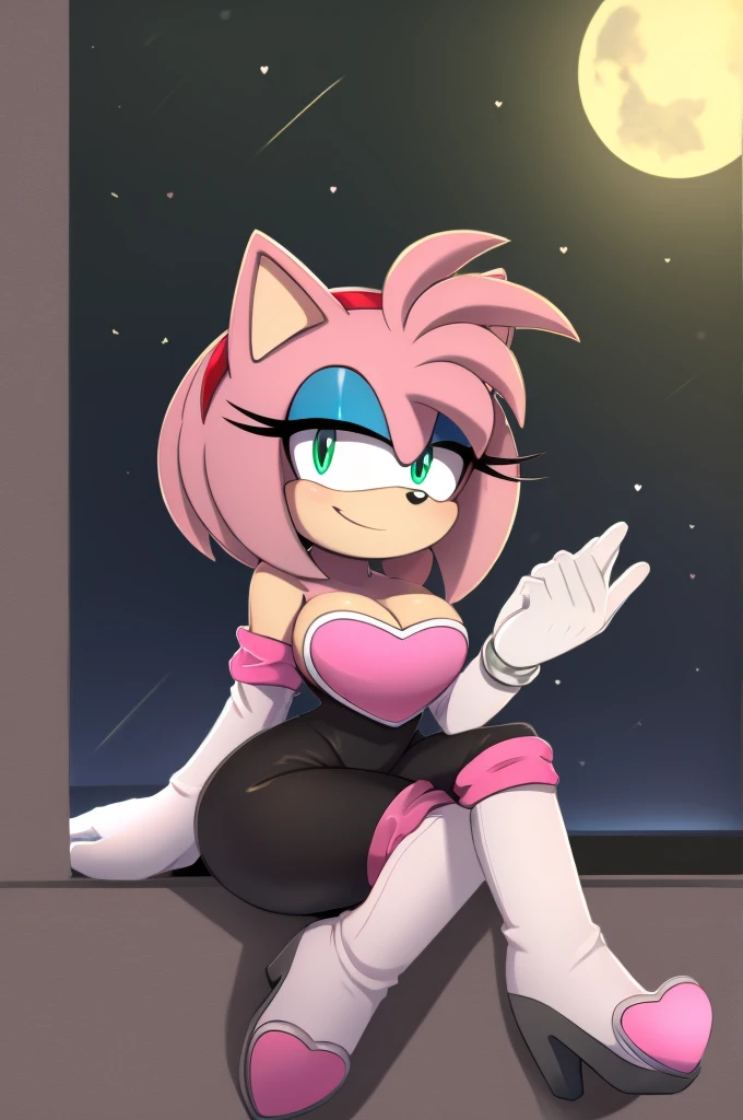 Score_9, score_8_up, 2D, flat color, looking at viewer, (1girl), (solo), very detailed, extremely detailed, Amy Rose from the sonic the hedgehog series, portrait, smile, looking at viewers, hair down, hair bangs, large bust, milf, Rouge cosplay, cosplay, Rouge outfit, she wears a black skin-tight and strapless low-cut jumpsuit, a pink heart-shaped chest plate outlined with thin white trim, elbow-length white gloves and thigh-high high-heeled boots with pink cuffs to match them, with the latter featuring both gray soles and heels, along with steel toes in the appearance of pink hearts, sitting on a chair with her legs crossed, over by a window near to a big moonlight