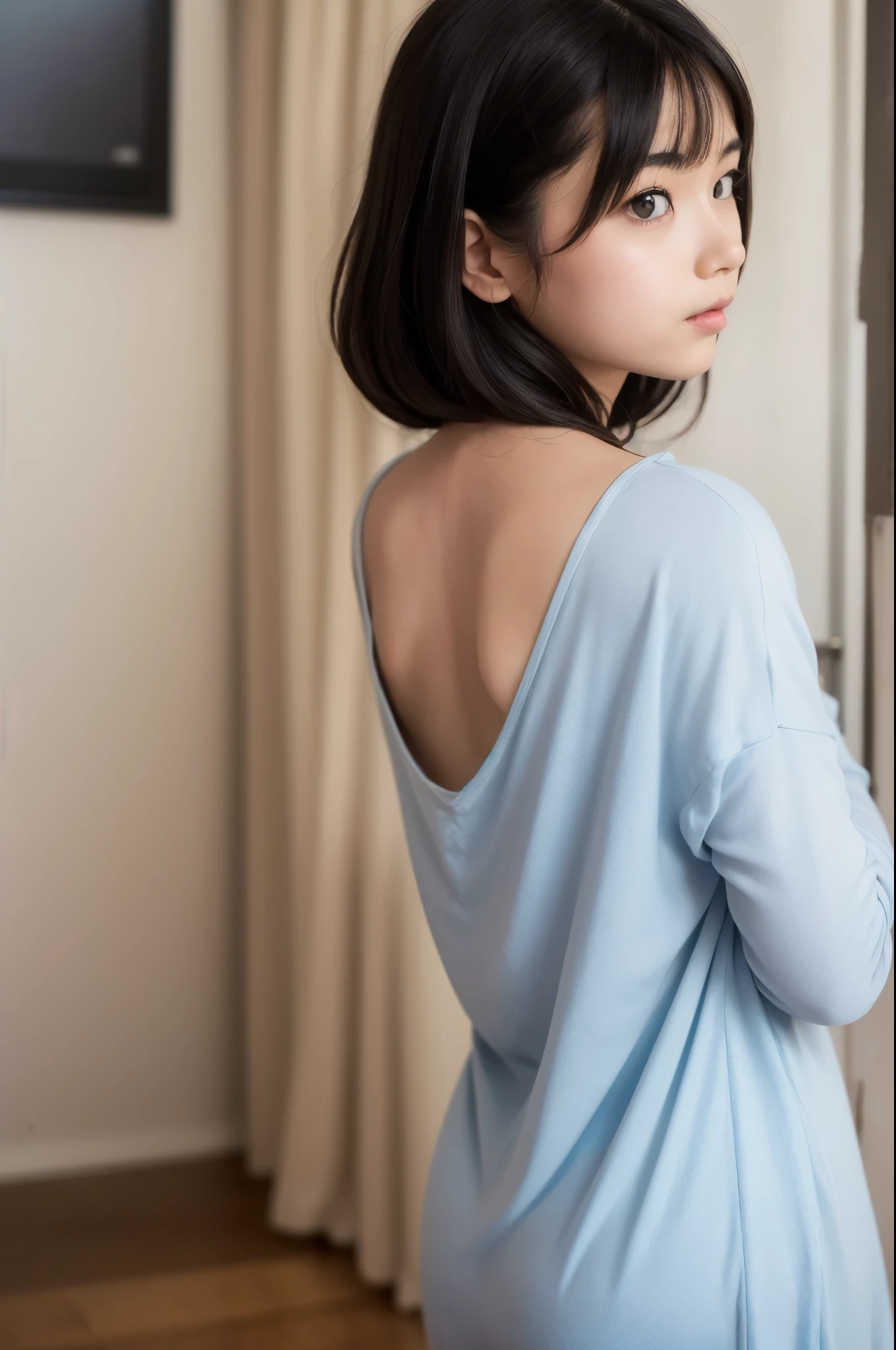 Create a high-quality image of a beautiful ite and slender litster who is (wearing a thin sleepshirt that subtly shows the bottom of her ass cheeks) as she looks over her shoulder at the viewer while she stands in the living room. Teenager,eeks, looking at camera, cowboy_shot, cute, teen, young girl, pussy lips, NSFW, Japanese home, beautiful, (no bra), (no panties), (subtly exposed pussy), (no underwear).