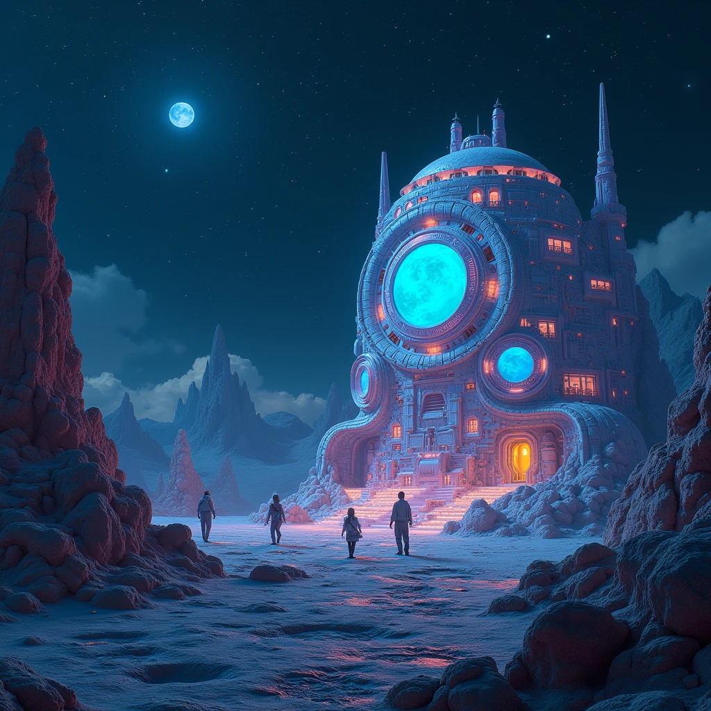 Moon Base, rendered in the style of Fractal Synesthesia, infused with a Neo-Noir Baroqueaesthetic, finally brought to life with Bio-Luminescent Pointillism, emphasizing vibrant shades