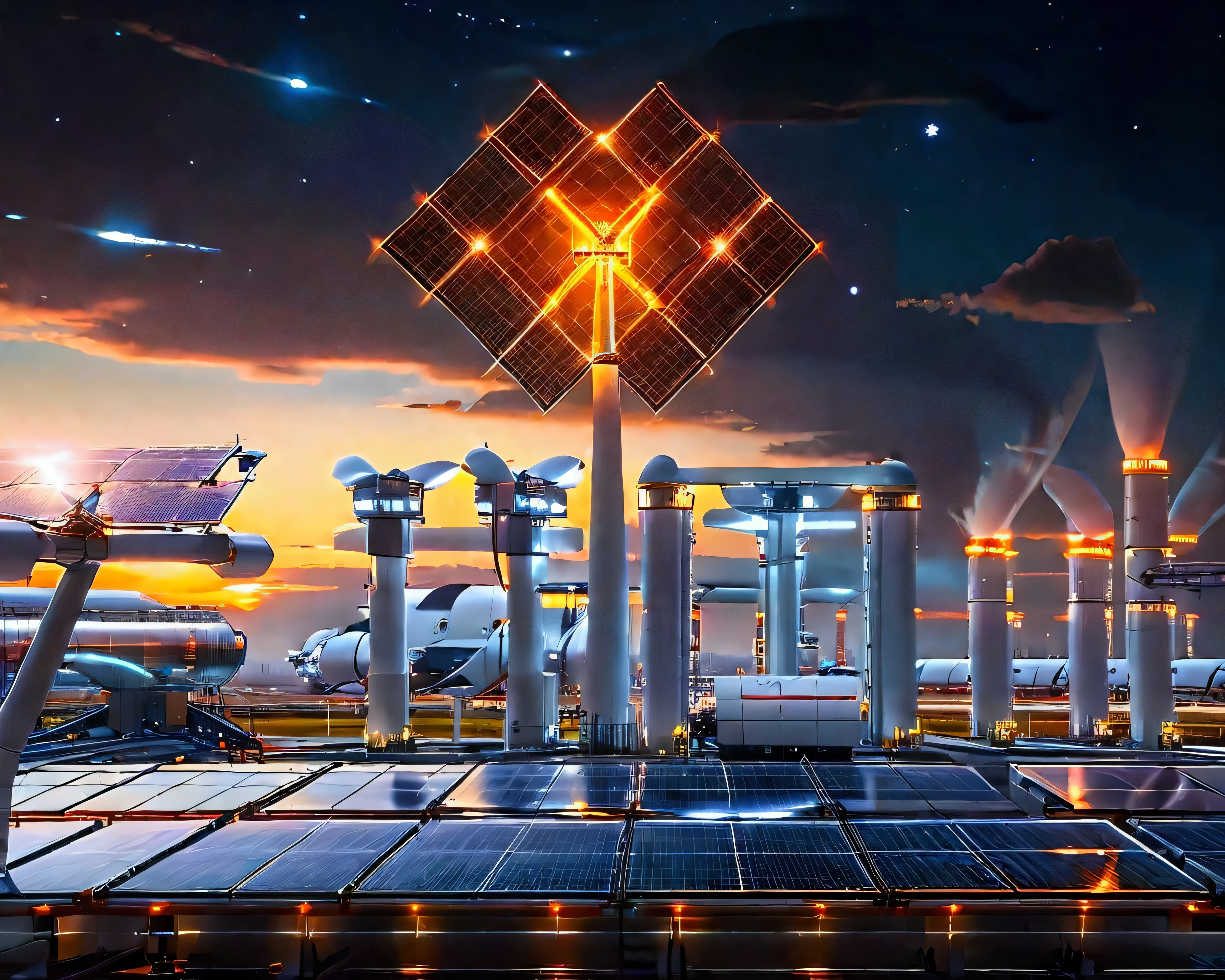 (masterpiece:1.3),8k,best quality,ultra high res,c4d,oc rendering,sense of technology,sense of future,brilliant light,light,universe,starry sky,(planet,Solar panels,wind turbines,thermal power plants,chemical plants,buildings,cities,railways,high-speed trains,ships:1.2),